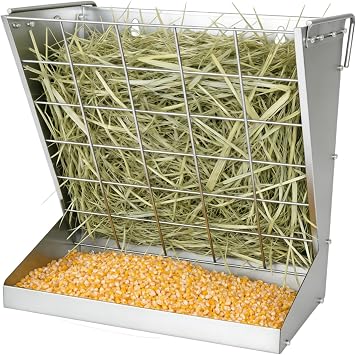 Wall Mount Hay Feeder,2 in 1 Hay & Grain Livestock Feeder,Heavy-Duty Metal Wall Mount Hay Rack for Goats/Sheep, Horses, Cattle