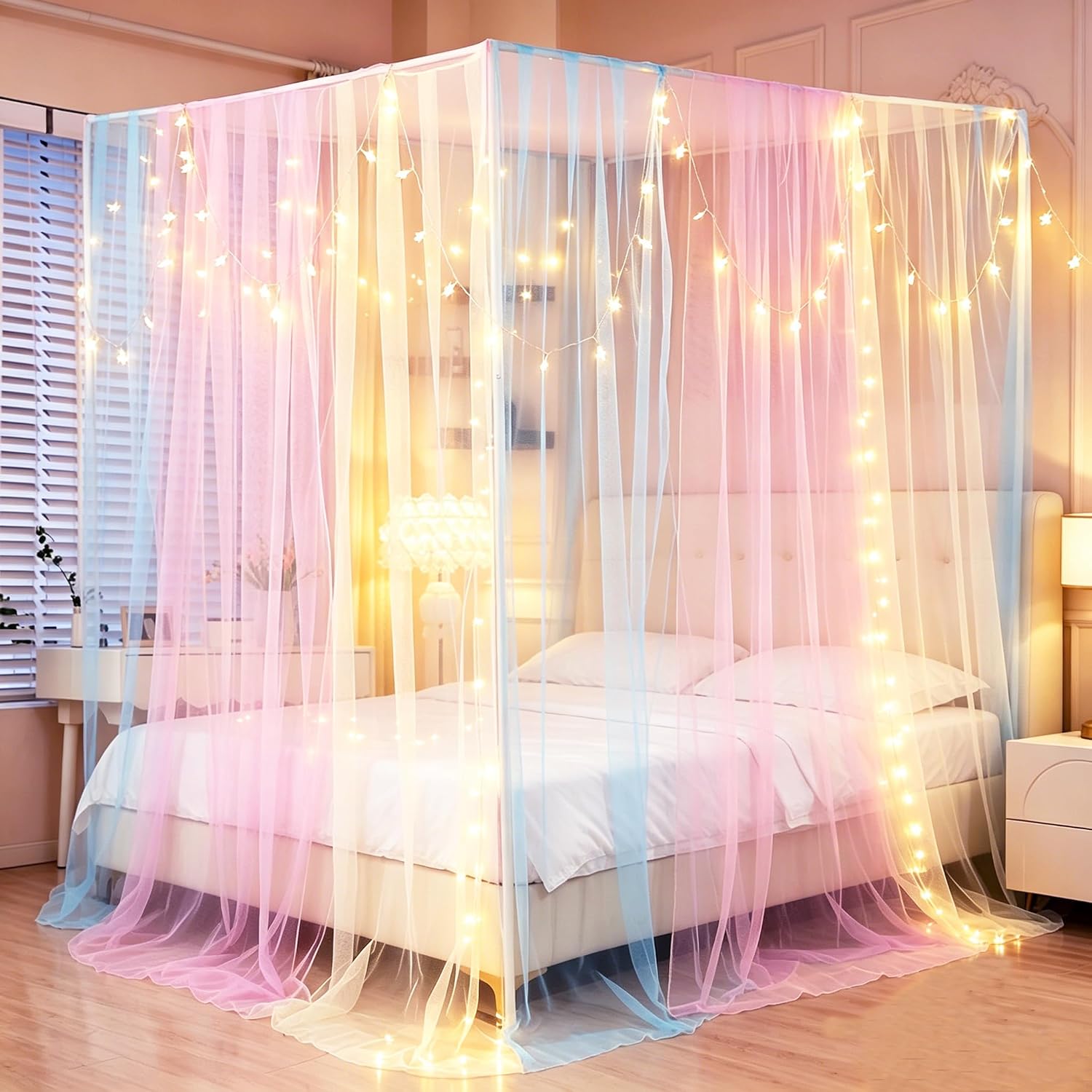 Canopy Bed Curtains with Lights,Rainbow Bed Canopy Bed Drapes Princess Mosquito Netting Bedroom Decoration Accessories for Girls Adults(Twin,Rainbow)
