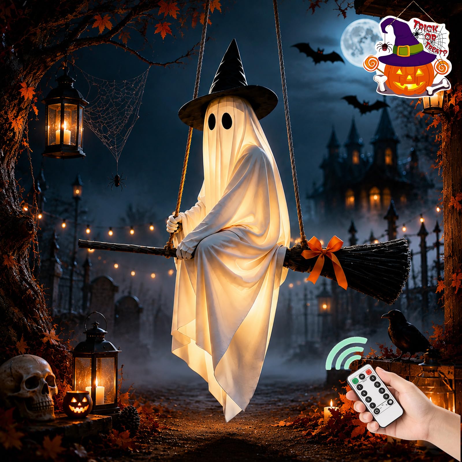 Syeefula Lighted Hanging Ghost Ornament On Broomstick (1PC-Remote Control)
