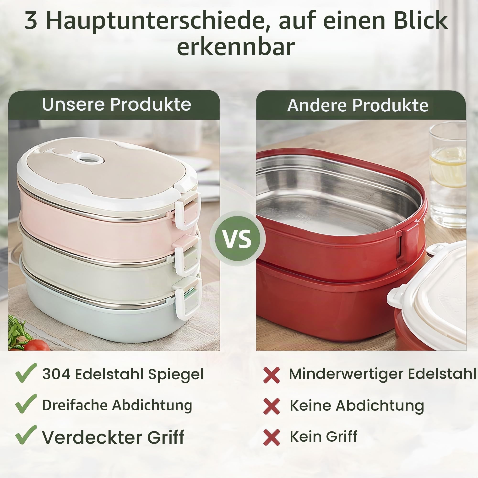 Bento-Lunchbox, Thermo Lunchbox, 304 Edelstahl-Lunchbox, Thermo Essensbehälter Mehrschichtige Lebensmittelbehälter mit Wärmedämmung, Thermo Speisebehälter für Kinder Erwachsene Camping(3 Layer)