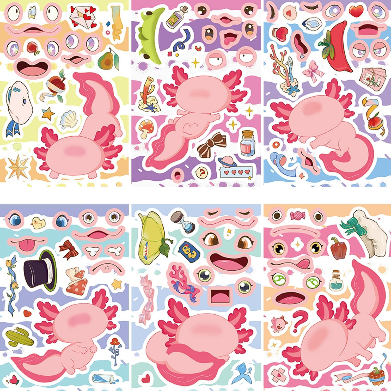 24 Sheets Axolotl Make-a-Face Stickers Mix 'n Match Crafts for Adult Axolotls Party Make Your Own Axolotl Stickers for Party Favors,Birthday Goodie Bag Fillers,Rewards,Collect(Axolotls)