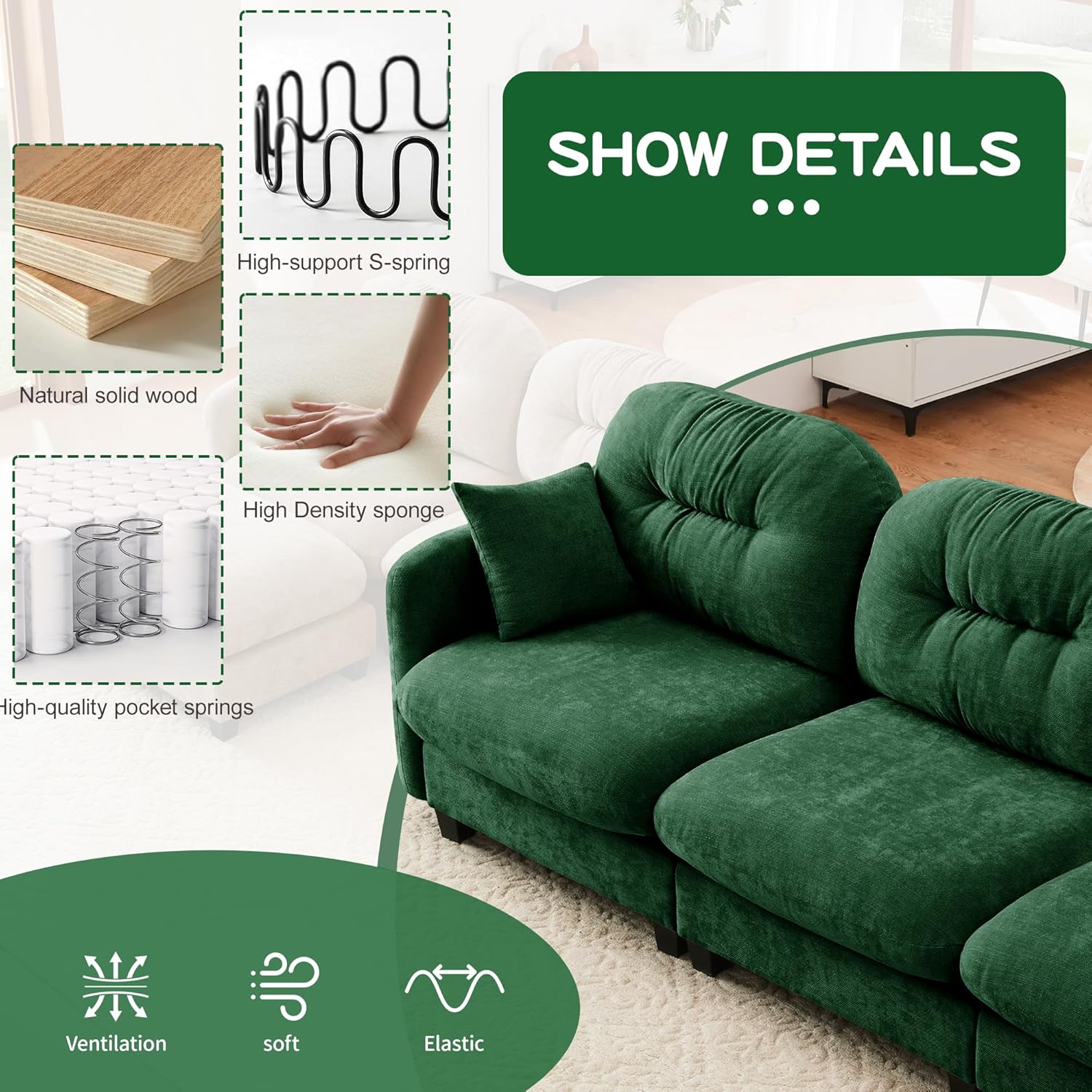 74" Modern Chenille Loveseat Sofa with Erognomic Backrest, Cloud-Soft Couch with Comfy Pillows, 2-seat Couch with Sturdy Wooden Frame for Living Room Stuido, Green