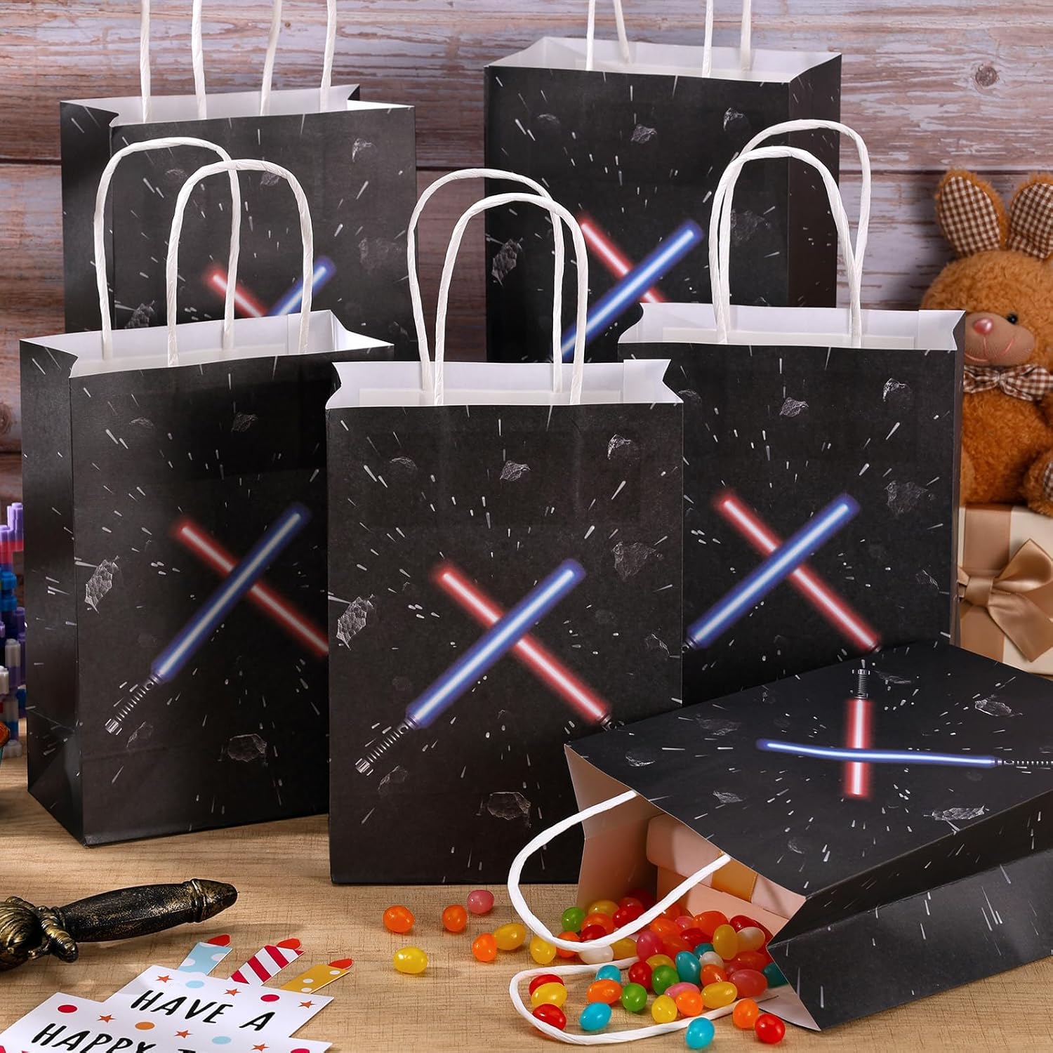 HIYZI 24 Pcs Star Themed Party Favor Goodie Paper Bags Universe Star Decorations Party Supplies Gift Bag Candy Bags Handbag for Kid Boy Girl Birthday Baby Shower