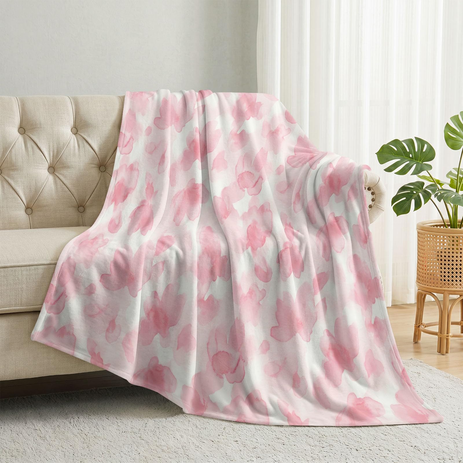 Koc 150 x 200 cm, elegancki akwarelowy flanelowy koc polarowy dla dorosłych i dzieci - miękki koc z nadrukiem kwiatów w kolorowe bloki - wygodny i oddychający koc na sofę kempingową
