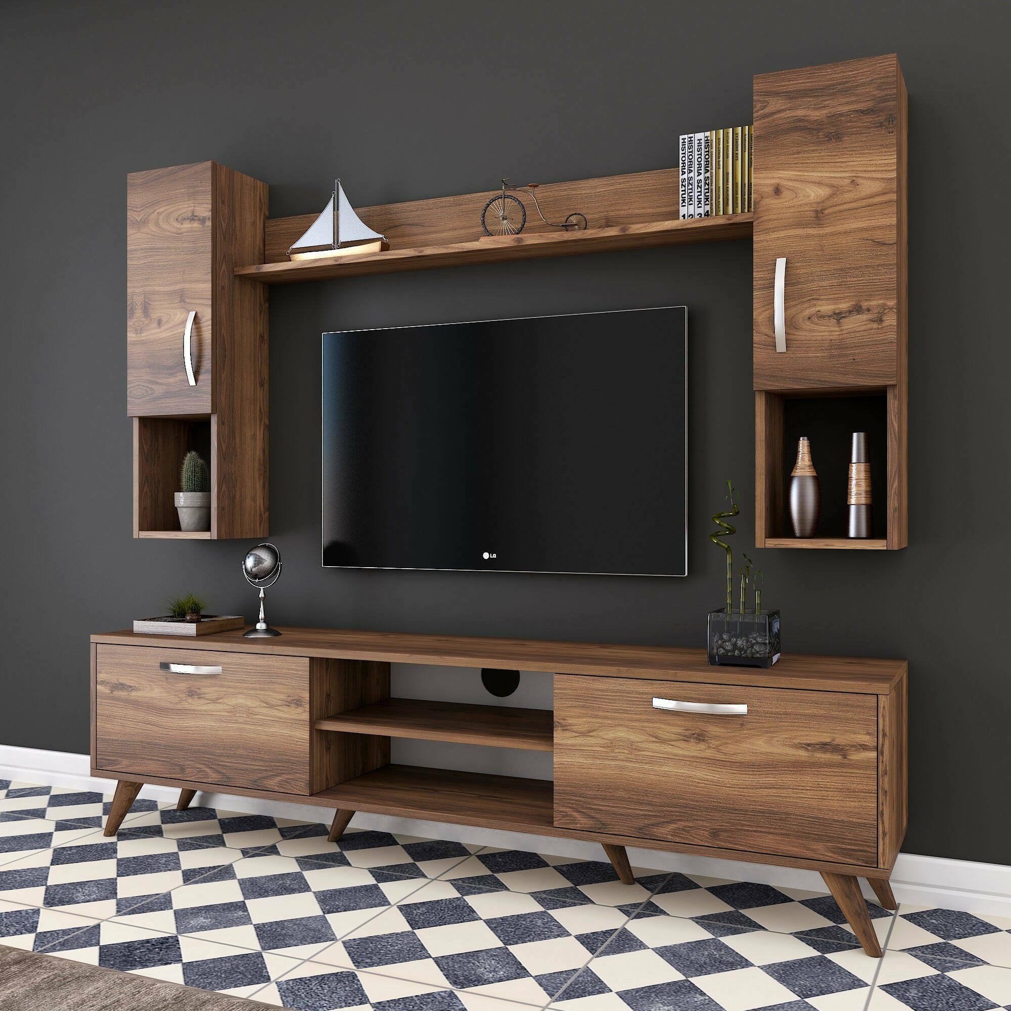 Dmora - Parete attrezzata Lucifer, Composizione soggiorno, Mobile salotto multiuso, Armadio porta TV, 180x35 h49 cm, Noce