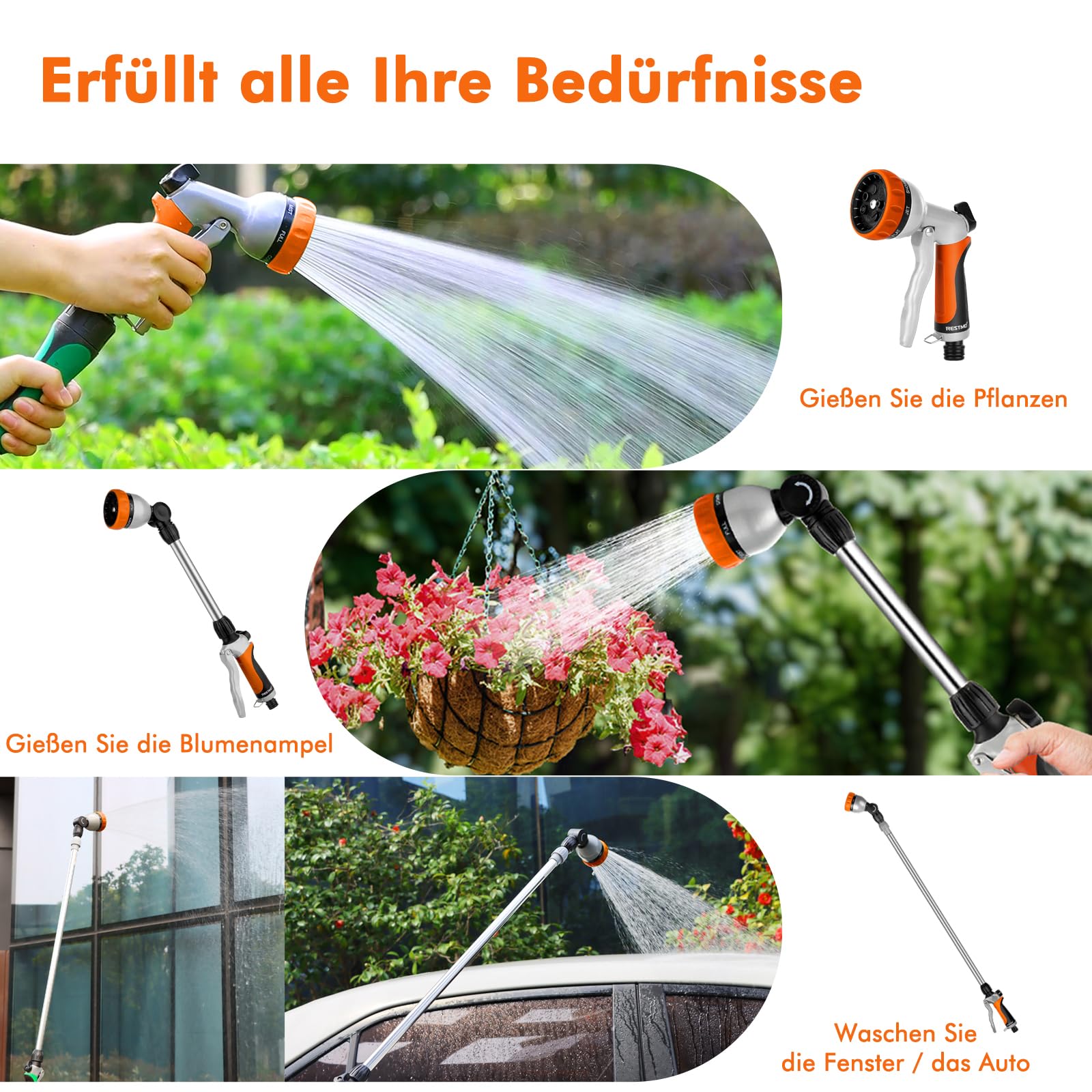 RESTMO Garten Gießstab Metall, 42cm Lang Gartenbrause mit Stiel, 180° schwenkbaren Kopf Stabbrause mit Durchflusskontrolle, 7 Sprühbilder Bewässerung Zauberstab für Blumenampeln und Sträucher, Orange