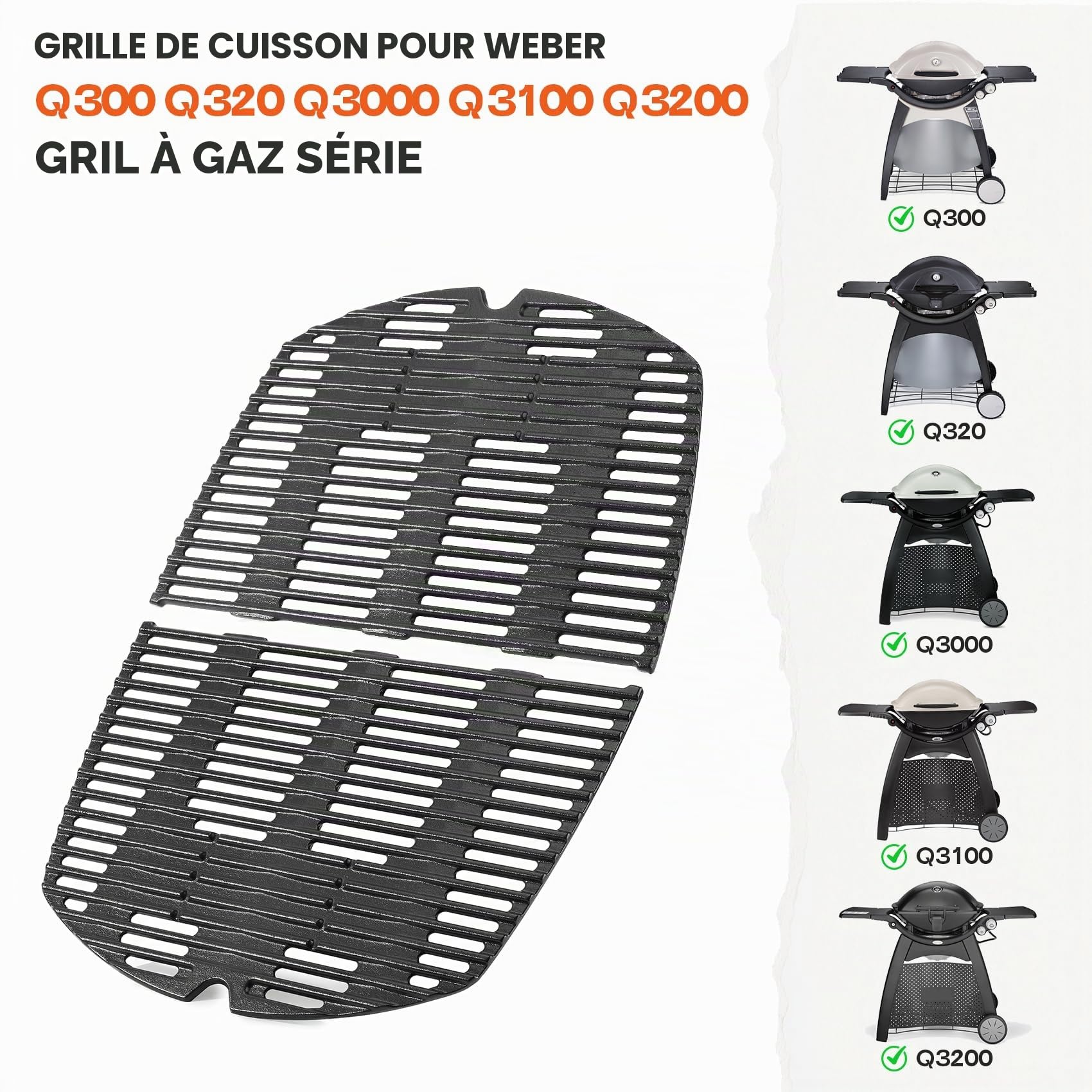 onlyfire Grille de Cuisson en Fonte pour Barbecue à Gaz Weber Q 300/3000 Séries - Remplacement pour 7646 - avec 2 Supports de Montage