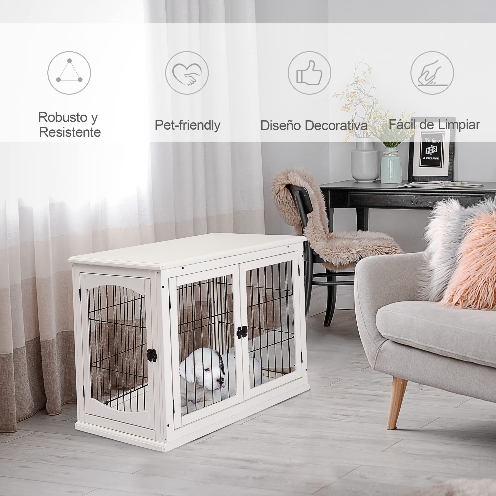 PawHut Jaula para Perros de Madera con Superficie de Mesa 2 Puertas y Rejillas de Metal 81x58,5x66 cm Blanco