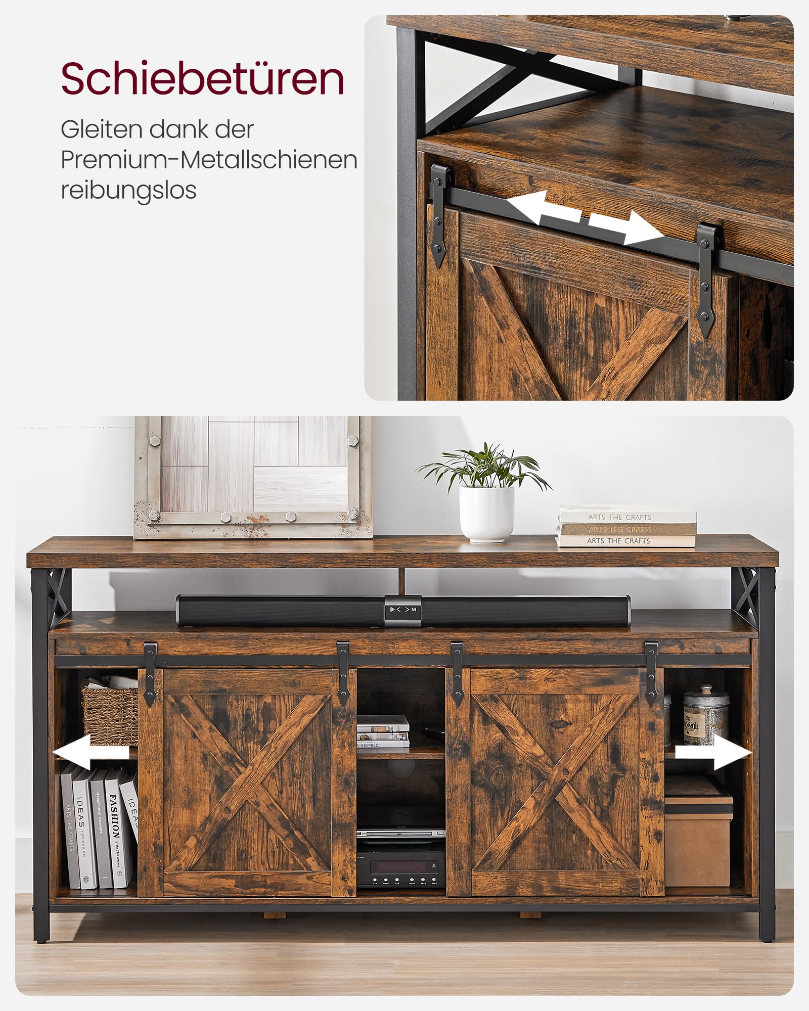 VASAGLE TV-Schrank, Lowboard für Fernseher bis zu 65 Zoll, mit verstellbaren Ablagen, rustikale Tür, Landhausstil, Metallgestell, vintagebraun-schwarz LTV071B01