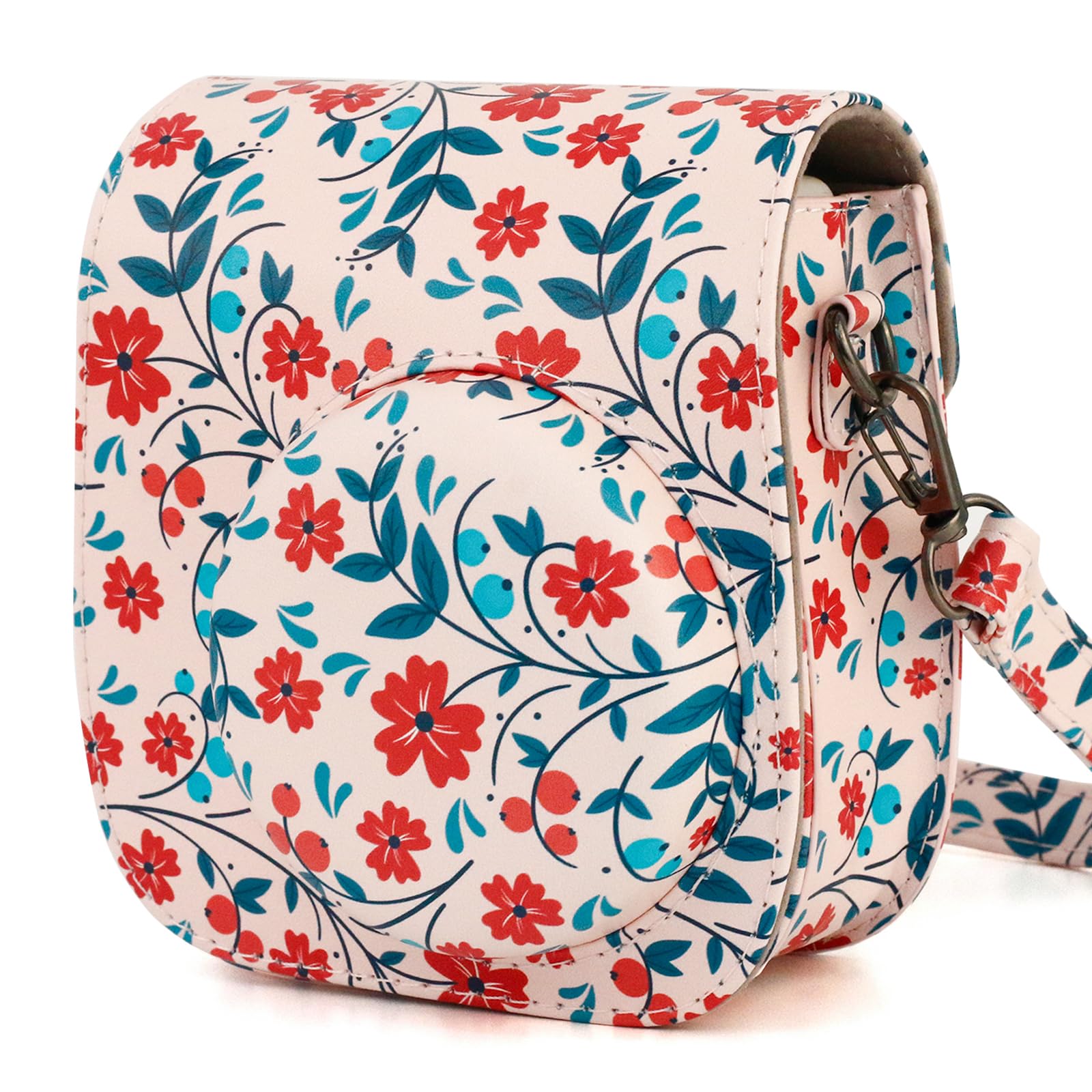 Frankmate Protective Case Compatible with Fujifilm Instax Mini 12 11 9 8 Instant Film Camera with Pocket and Adjustable Strap (Flowers Red)
