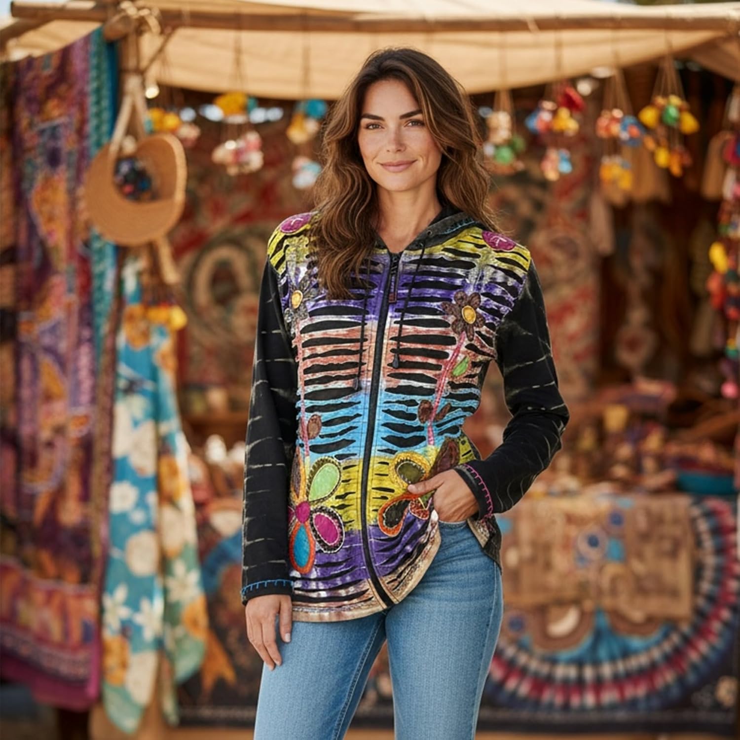 Agan Traders 2026 Boho Zip Up Jackets for Women - Tie Dye Patched Distressed Lightweight Women's Hoodie Sweatshirts - Image 3