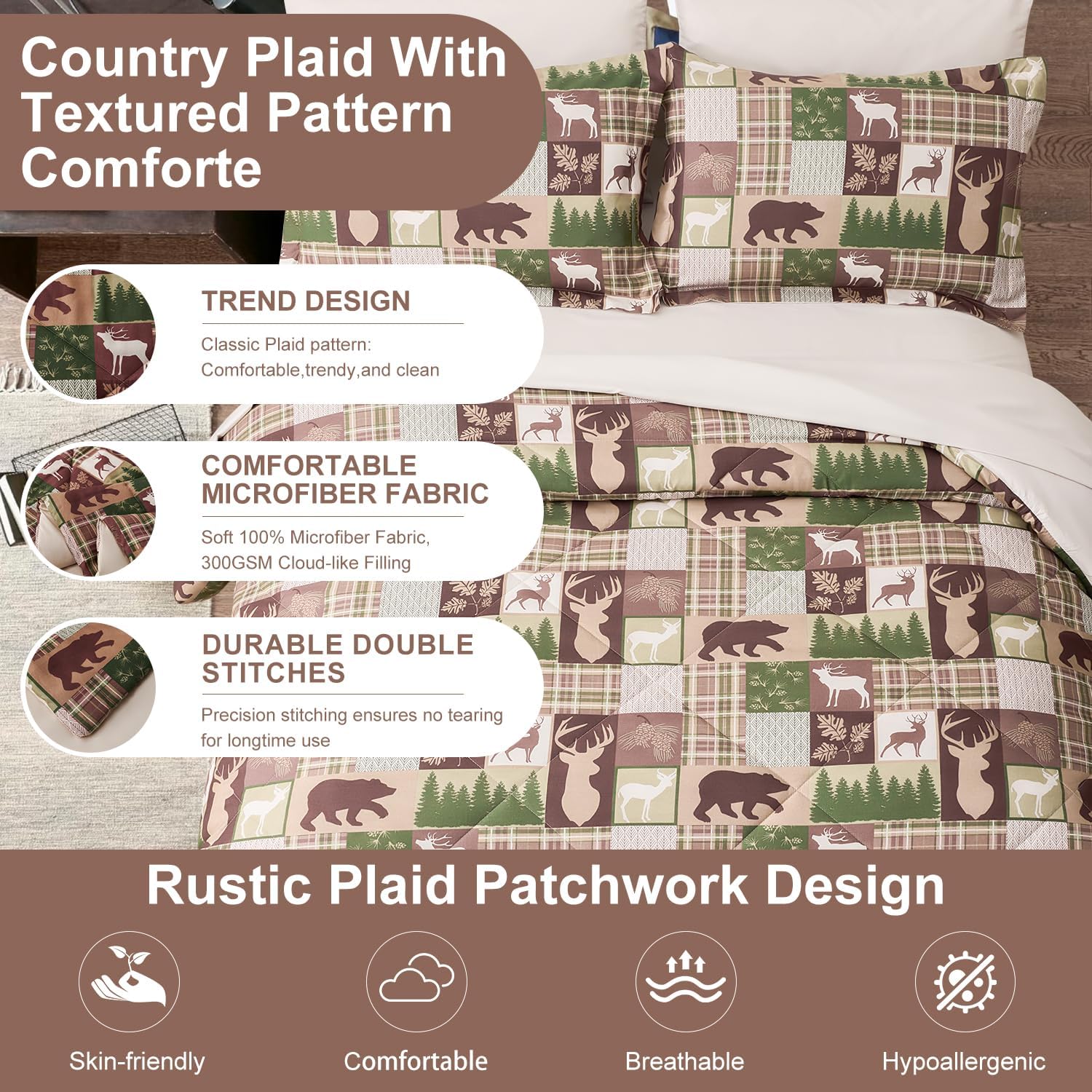 Comforter Set Queen Size Bear Moose Plaid Comforter Bedding-7 Piece Bed in a Bag,Soft Reversible Patchwork Microfiber Bedding Set (1 Comforter,1 Flat Sheet,1 Fitted Sheet,2 Pillowcases,2 Pillow Shams) - Image 3