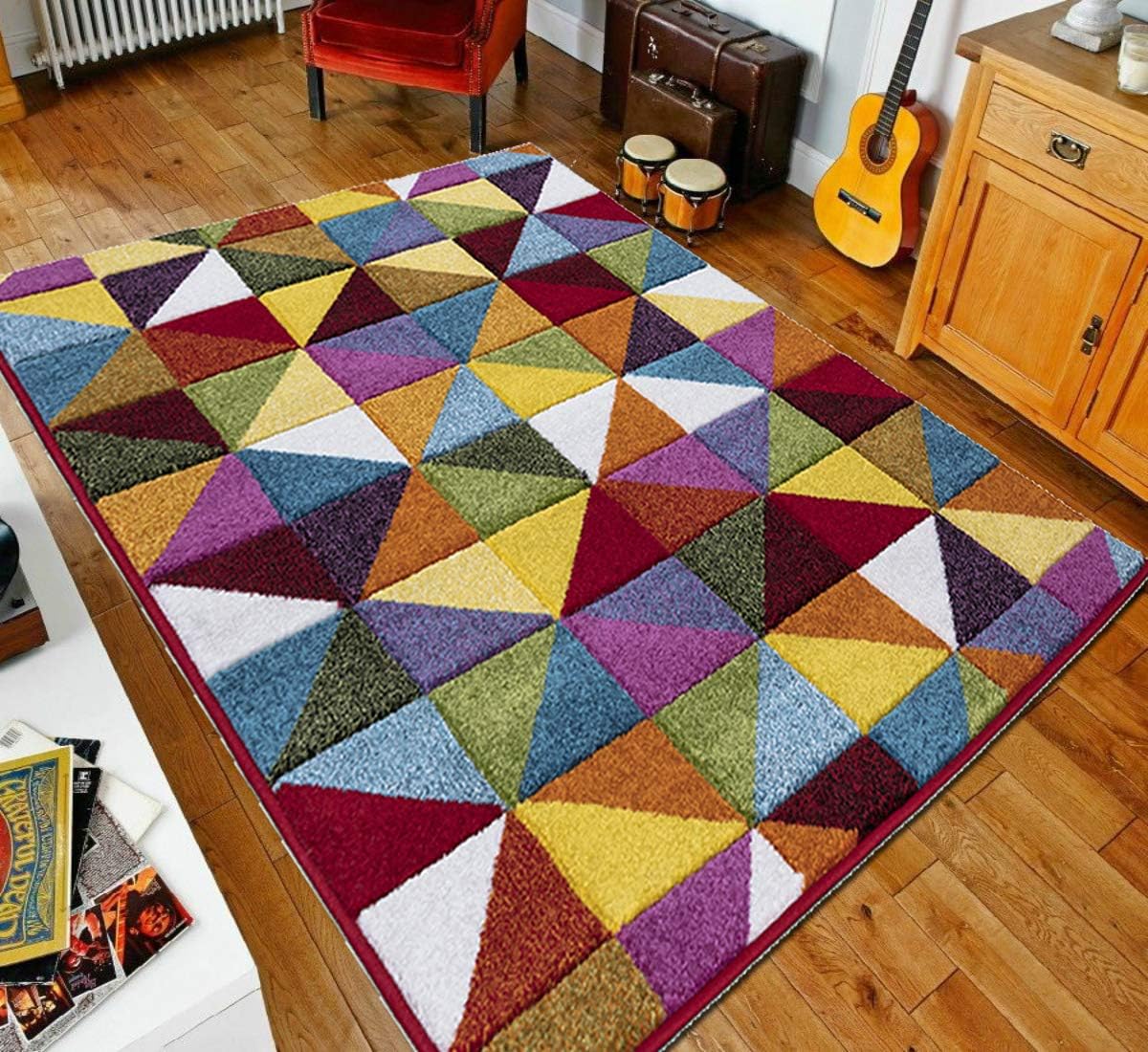swift New Bright Multicolour Rug, Heat-Set Thick Polypropylene Multi Design Carpet, Comfy Geometric Pattern Mat for Floor, Bedroom, Living Room, Indoor Area, Multi Gmtrc Trngle, 80 x 150 cm