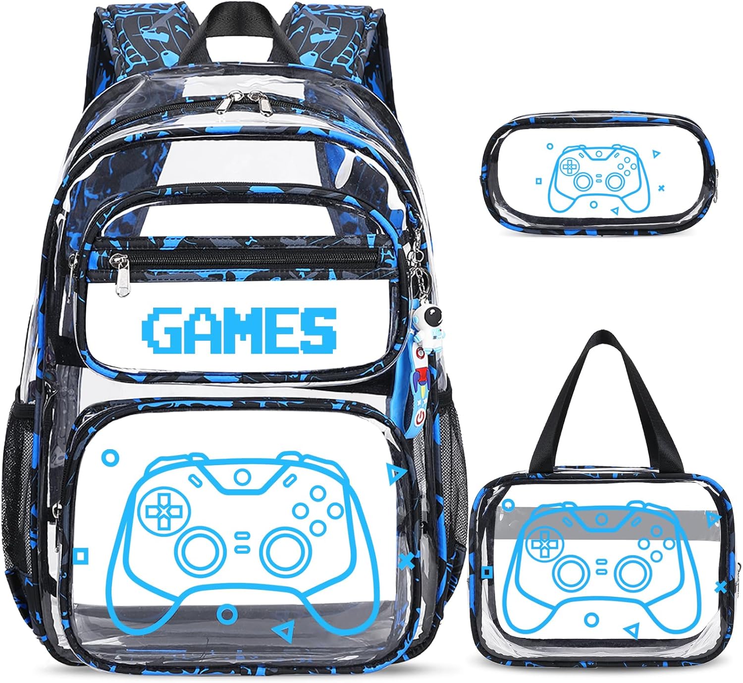 Clear Backpack for Boys - 3 Pcs Game Clear Backpack Heavy Duty with Lunch Bag - See Through Bookbag Stadium Approved for Kids Middle High College School Travel (Blue Print Game)