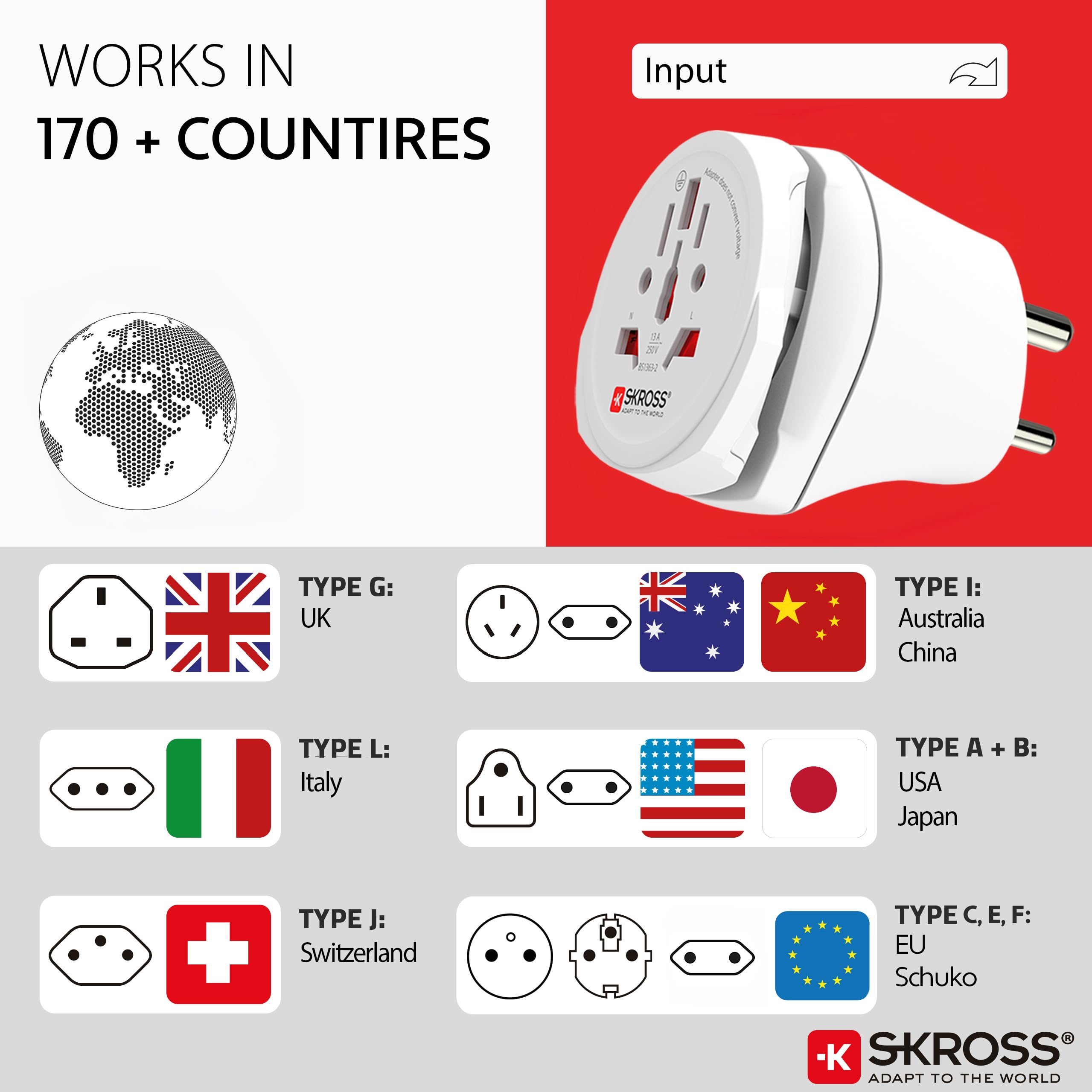 SKROSS | 1.500215-E | World to India Combo | Międzynarodowy adapter podróżny - Napięcie i moc znamionowa: 100 V - 500 W/250 V - 1250 W. Ochrona przed wstrząsami elektrycznymi