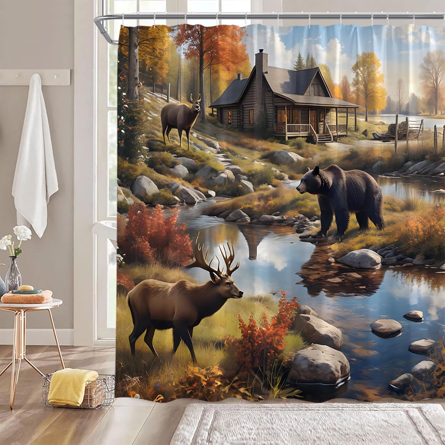 Cabin Farmhouse Shower Curtain Bear Moose Deer Wild Animal Lodge Fall Tree Forest Vintage Country Nature 70" WX96 H Bathroom Decor Fabric Curtain with Hooks