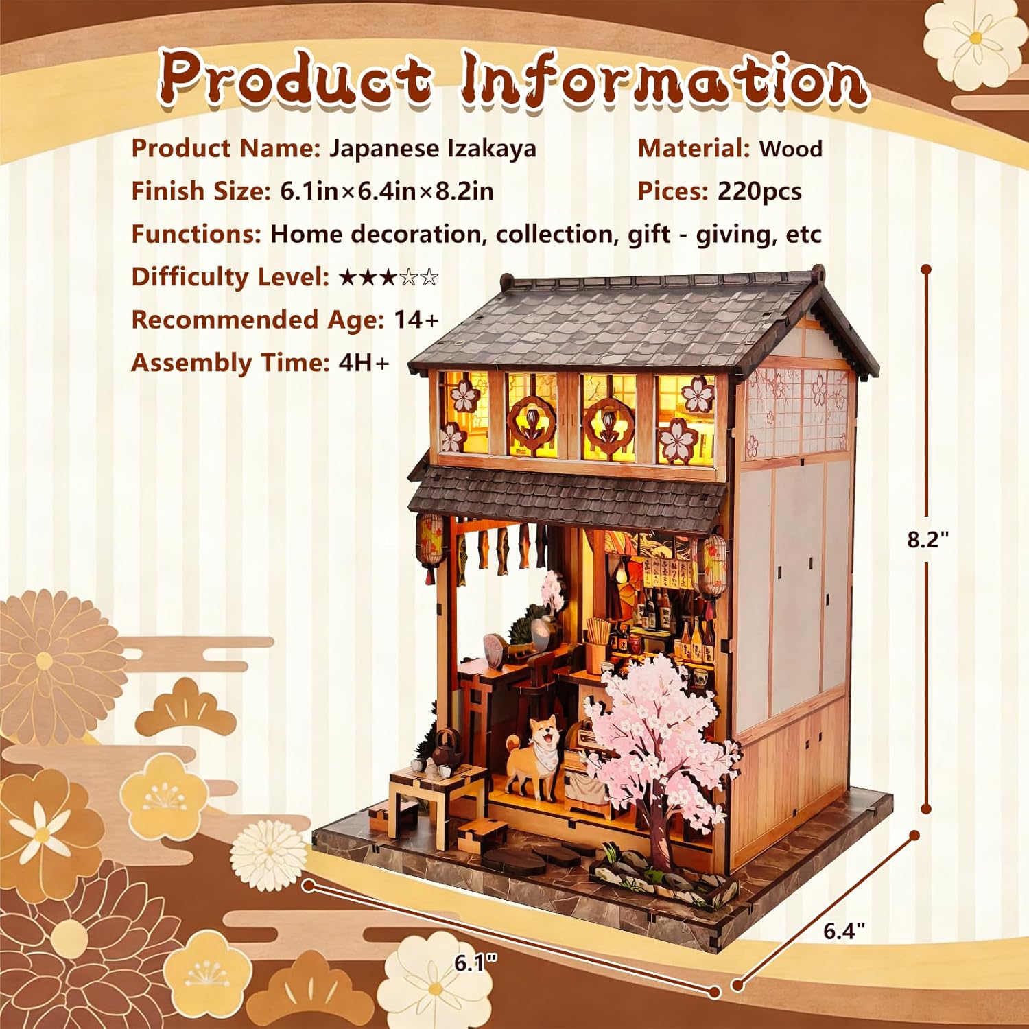 DIY Book Nook Kit for Adults, Japanese Sakura Dollhouse Kit, Miniature House Kit with LED Light, Mini Building Kit, 3D Wooden Puzzles Bookshelf Craft Diorama for Adults Teen Gifts (Japanese Izakaya)