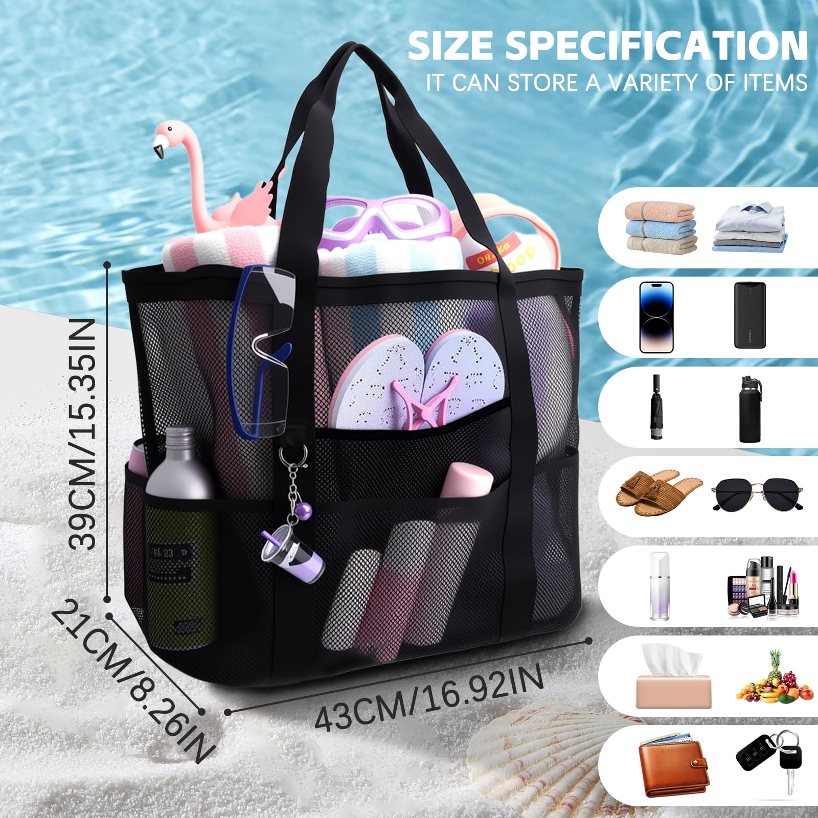 CIYIN Borsa spiaggia in Rete Donna, Borsa da Spiaggia da Donna XXL Famiglia,Borsa da Doccia,Leggera e Traspirante per Piscina, Vacanze & Spiaggia (43 * 21 * 39 cm)