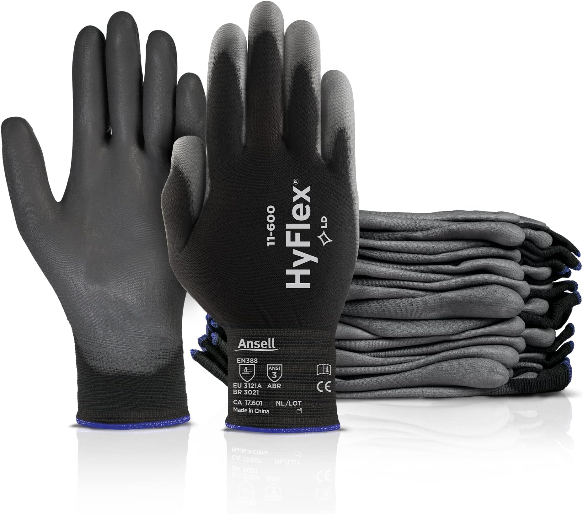 HyFlex 11-600 Multi-Purpose Light Duty Industrial Gloves w/Palm Coating for Metal Fabrication, Machinery, Automotive - Size 7, Black (12 Pairs)