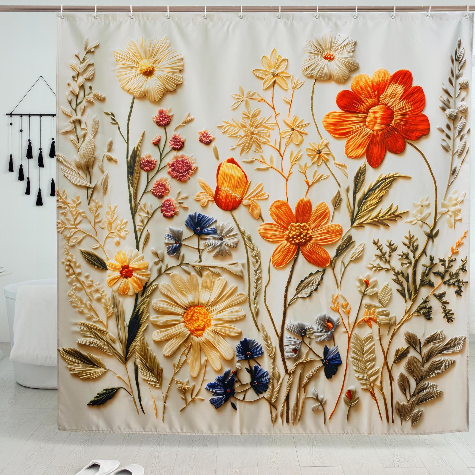 MACOFE Nature-Inspired Garden Floral Shower Curtain, Beige Warm Tones with Blue Accents Botanical Print Fabric Bathroom Decor, Waterproof & Washable Shower Curtain Set with Hooks, 72x72 Inch