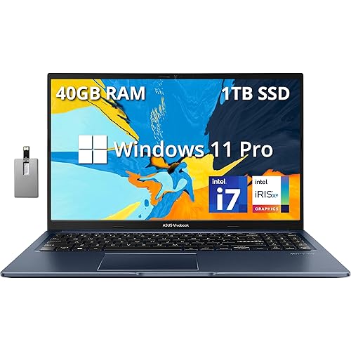 ASUS VivoBook 15.6" FHD Touchscreen Laptop, Intel Core i7-1255U, 40GB RAM, 1TB SSD, Intel Iris Xe Graphics, Backlit Keyboard, Webcam, WiFi 6, Windows 11 Pro, Quiet Blue, 32GB Hotface USB Card