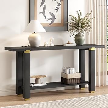 Modern Minimalist Console Table, Solid Wood Entryway Sofa Table with Gold Metal Accents and Open Bottom Storage Shelf for Living Room Hallway Black