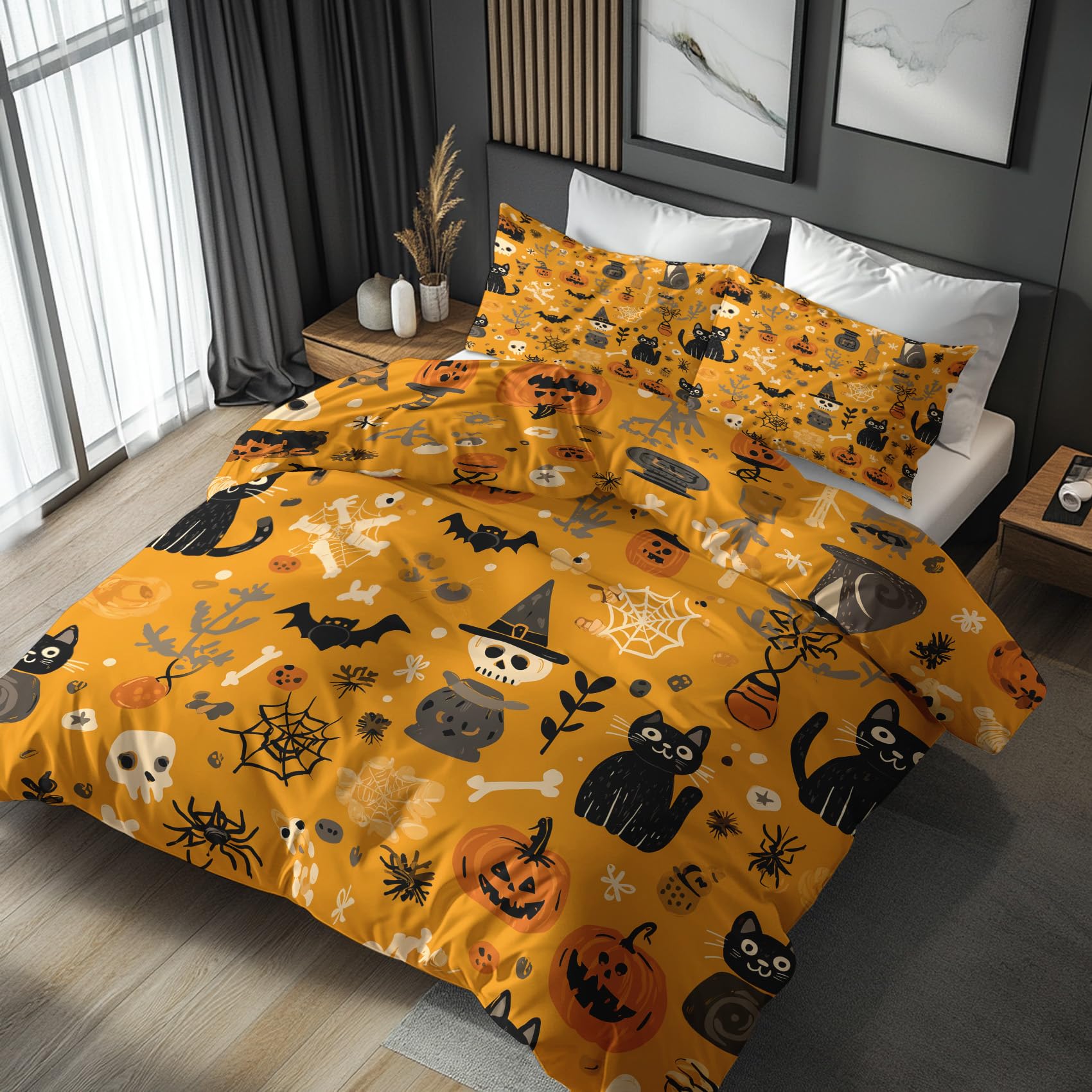 Generisch Bettwäsche 200x200 Kinder Halloween Design, 3teilig - Orange Totenkopf Kürbis Bettbezug und 2 Kissenbezug 80x80, Wendebettwäsche, Schlafzimmer Deko, Mikrofaser, mit Reißverschluss (K-19P)