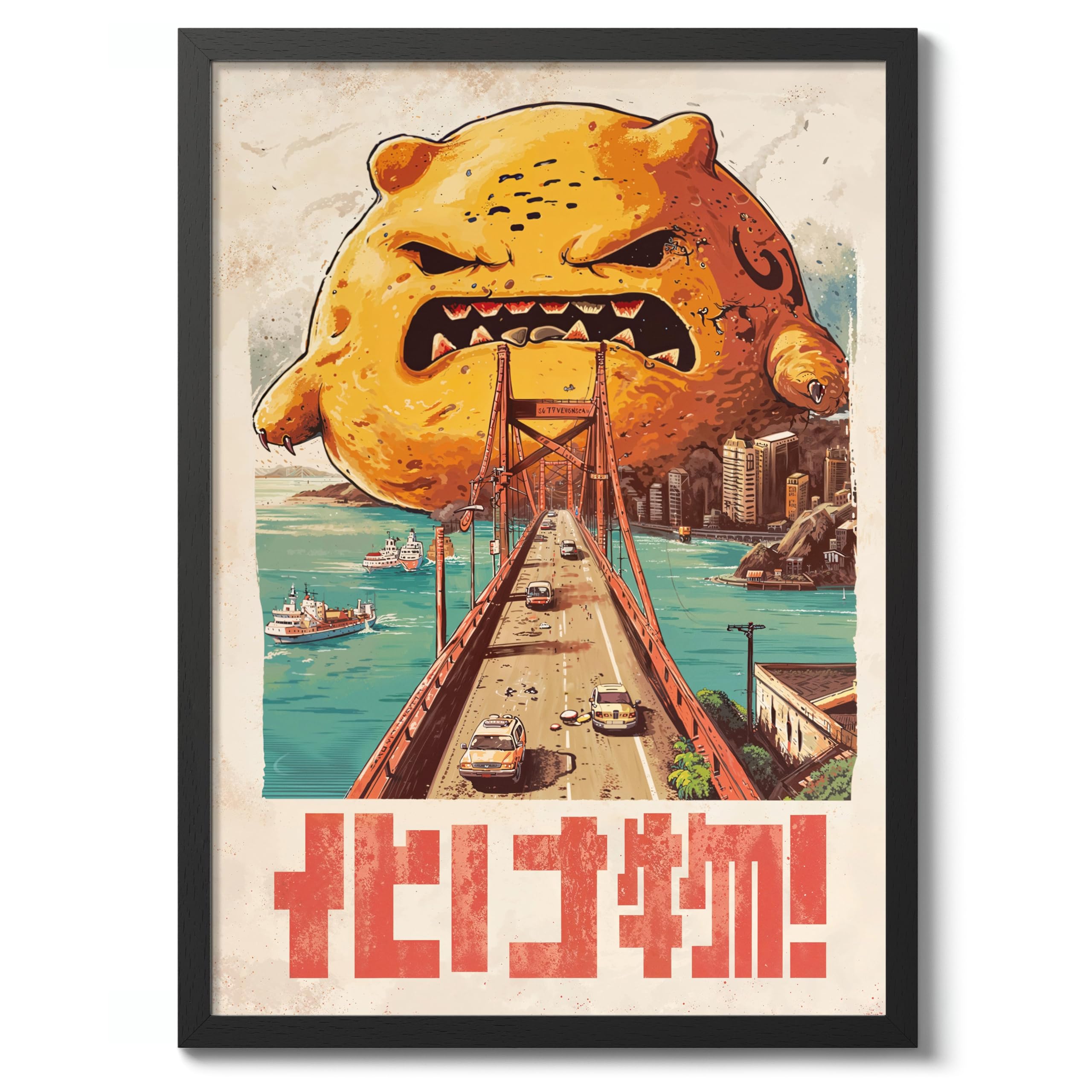 The Great Monster Of Golden Gate Poster Japanese Anime Style Print. Great Wave Woodblock Animal Wall Art, Archival Matte, A1 (Black Frame) - 84.1x59.4cm