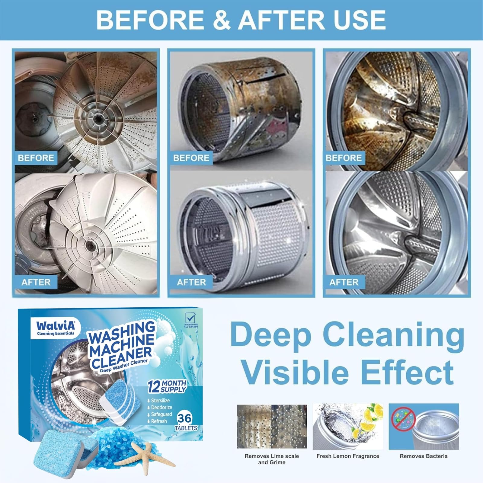 Washing Machine Cleaning Tablets | Deep Cleaning & Descaling for Front & Top Load Washers | Removes Odor | Residue & Limescale | Easy to Use Effervescent Tablets | Improve Hygiene | 36 Pcs - Image 4 thumbnail