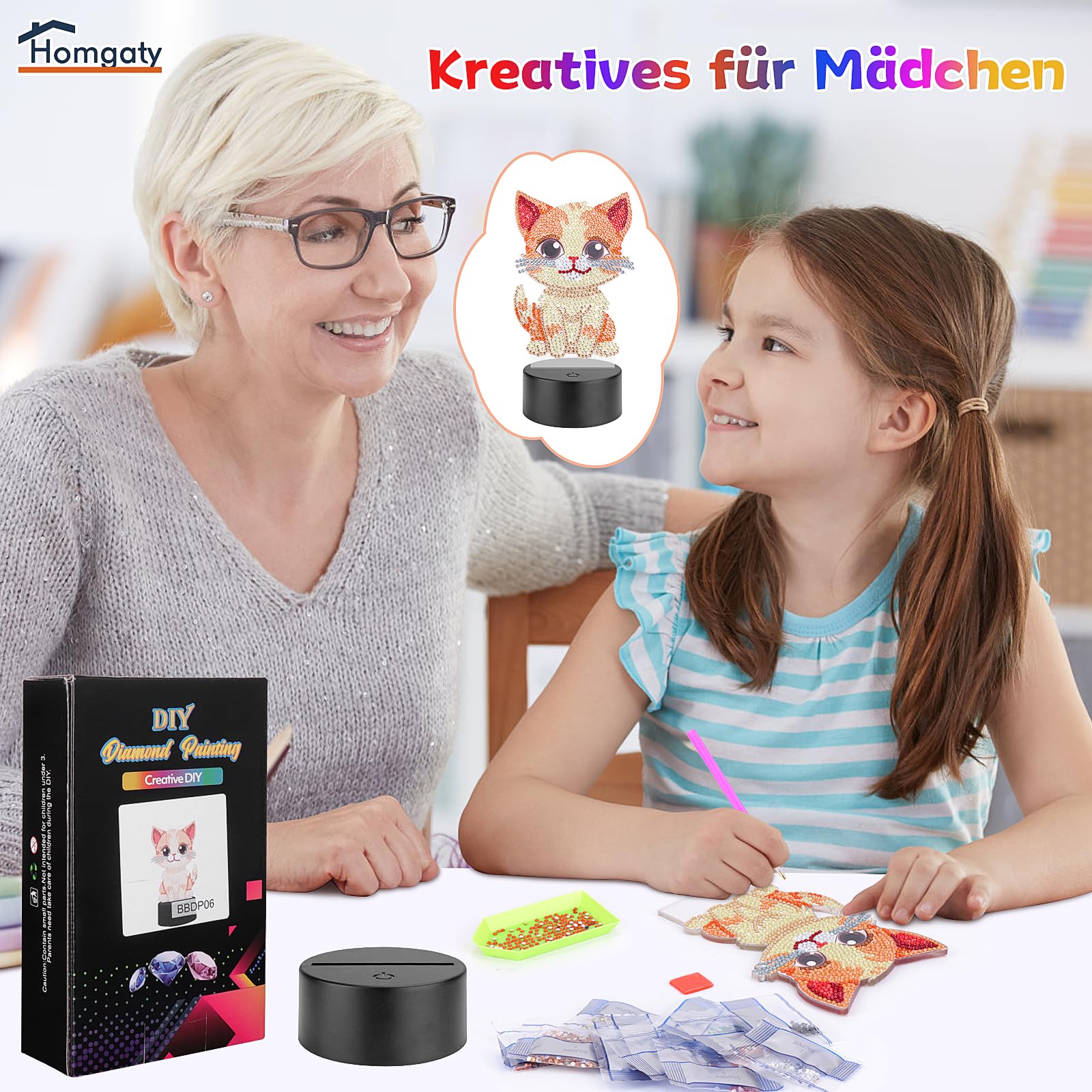 Kit Diamond Painting Lampe Chat - Veilleuse DIY Pour Filles 6-12 Ans - Cadeau Créatif Anniversaire