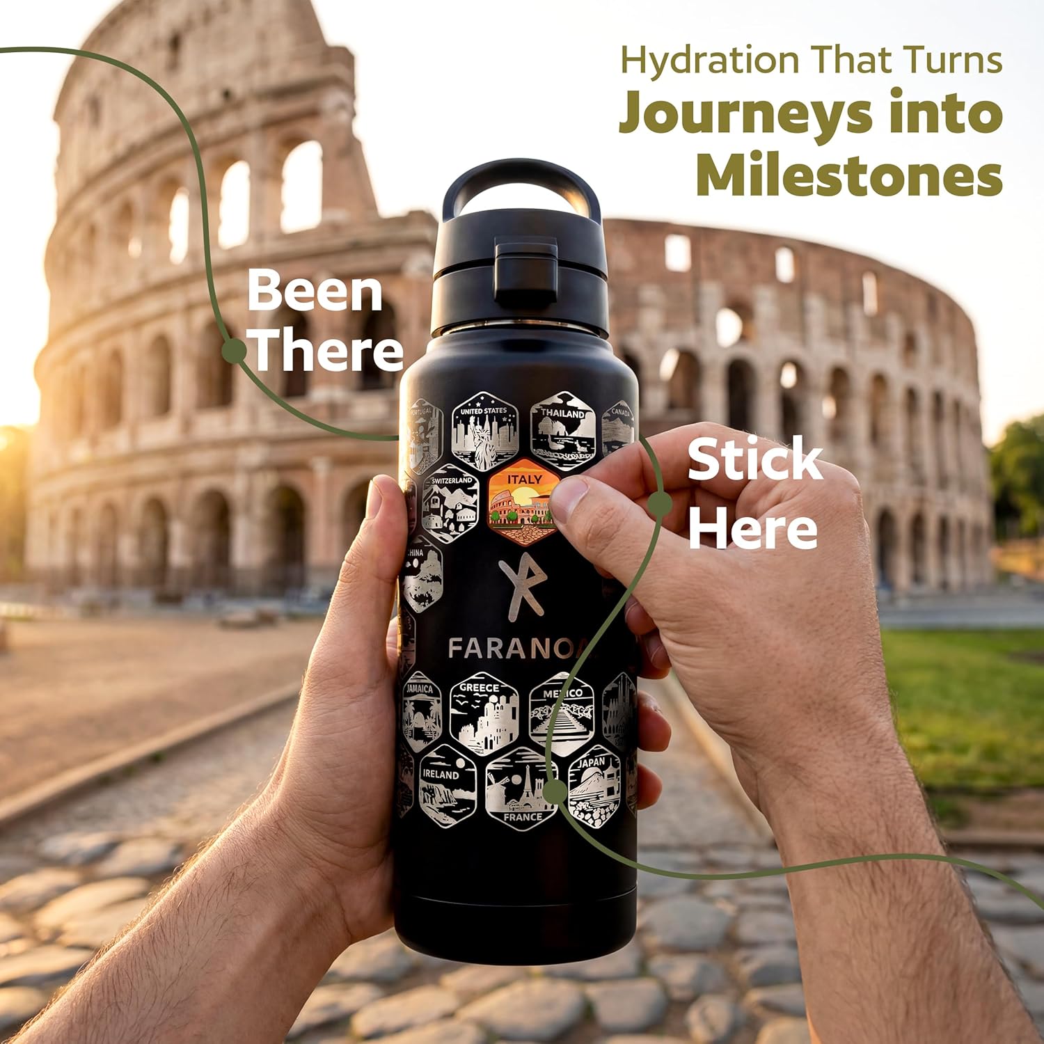 Water Bottle with 55 Waterproof Travel Stickers, 32oz | Lockable Lid & Removable Straw | Leak-Proof & BPA-Free | Double-Wall Vacuum Insulated Stainless Steel Bottle | Countries Engraved, Black - Image 5