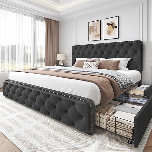 Lifezone Queen Bed Frame with Headboard Upholstered Metal Platform Queen Bed Frame with 4 Storage Drawers, Linen Adjustable Headboard/All-Metal Support/No Box Spring Needed/Easy Assembly, Dark Grey