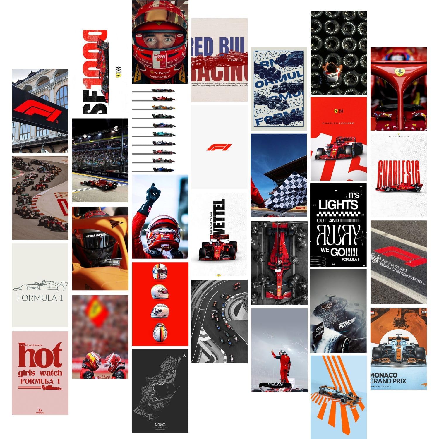 Kitty Cat® Paper Formula 1 Aesthetic Wall Collage Kit || 30 Unique Poster Set + Free Tape, 4x6in Each, Posters: Dorm, Hostel Essential, Aesthetic Room Decor (Formula 1)