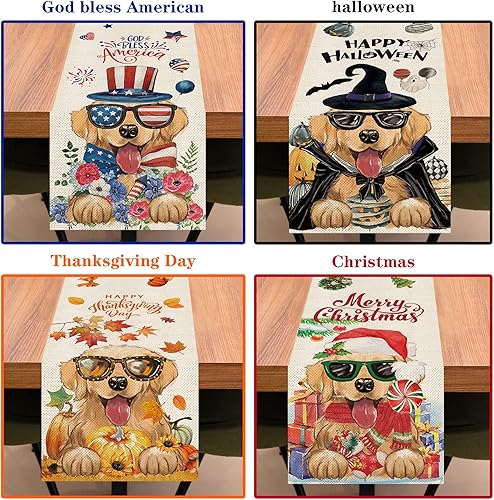 Miniatura 4 de YOVOYOA 8 caminos de mesa Golden Retriever para perros de 72 pulgadas de largo, día de San Patricio, Pascua, 4 de julio, Halloween, Navidad, casa de