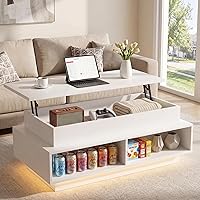 Vista 13 de YESHOMY Mesa de Centro Elevable de 40" con Almacenamiento Oculto y Luces LED Multicolor, Mesa Cuadrada Moderna de Madera con 4 Estantes Abiertos