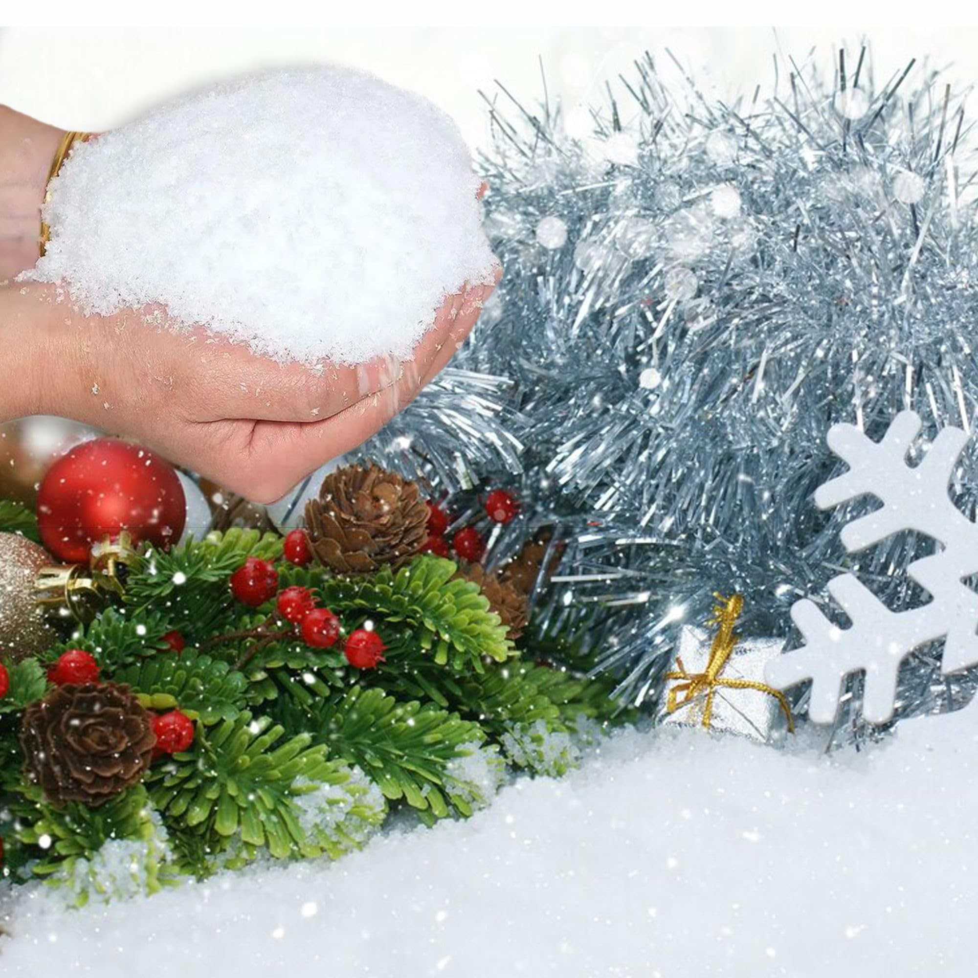 NIMVONA Christmas Artificial Snowflakes 100g Plastic Fake Snowflakes Ideal For Christmas Decoration Around Christmas Trees Or Dinner Table Fake Snow Scene Decoration For Winter Parties Decor 1pk