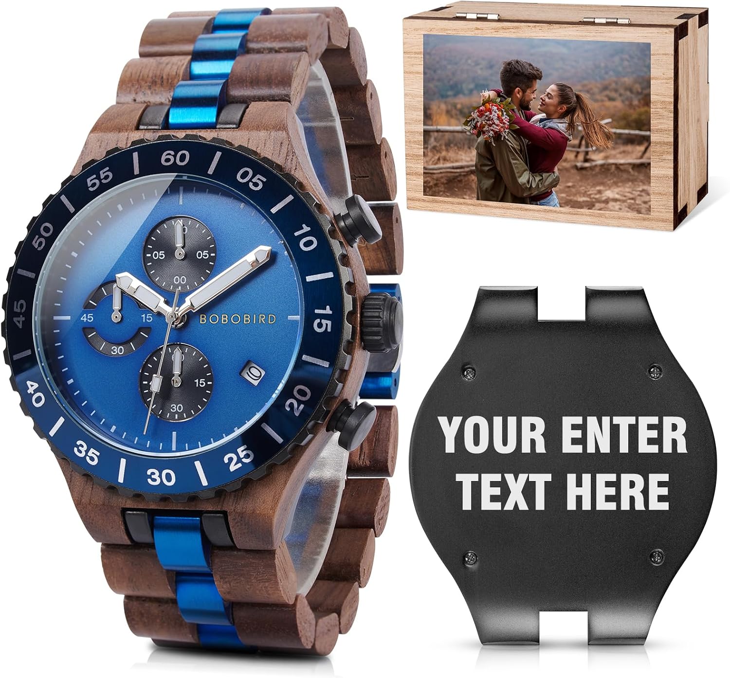 2win Engraved Wooden Watches for Men Blue Date Chronograph Military Luxury Personalized Customized Wrist Watches Anniversary Watch Gift for Husband My Man Boyfriend