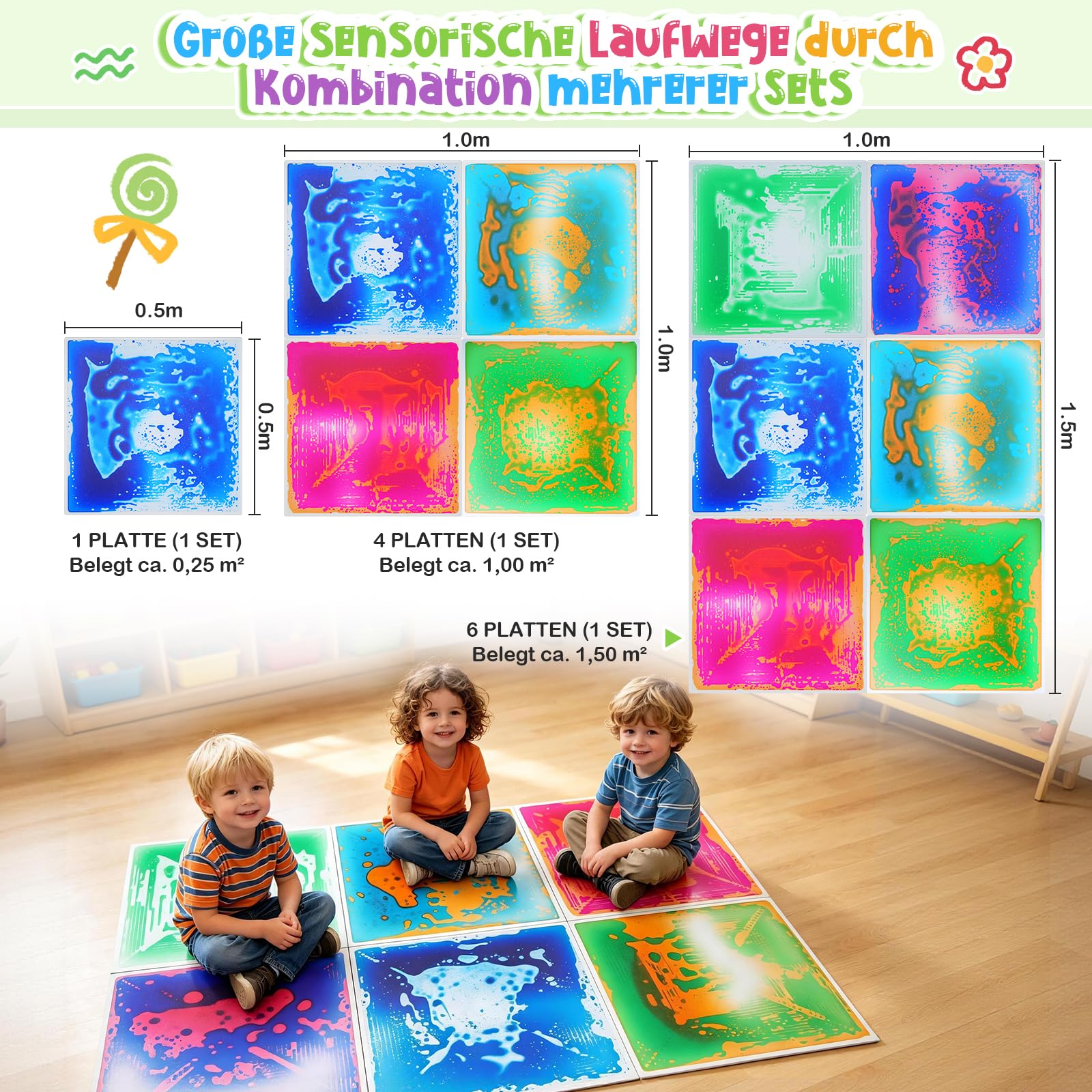 Große Sensorik Matte 50x50cm, flüssige mehrfarbige Bodenfliese PVC, CE EN71 Sensorspielzeug für Haus, Kindergarten und Autismus (4, 4pcs-5050-4COLORS)