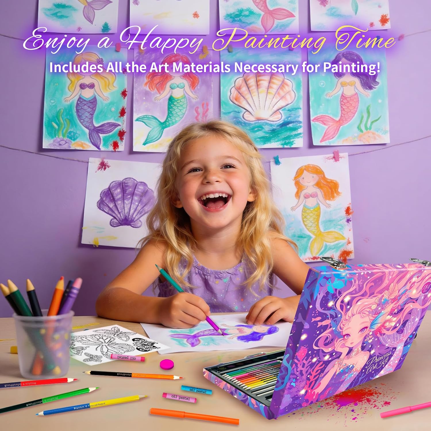Cokiki Art Supplies,184-Piece Art Sets for Girls Ages 6-12,Purple Princess Christmas Birthday Drawing Art Kit with Colored Pencils,Crayons,Oil Pastels,Watercolor Paint Set for Kids Girls Teens