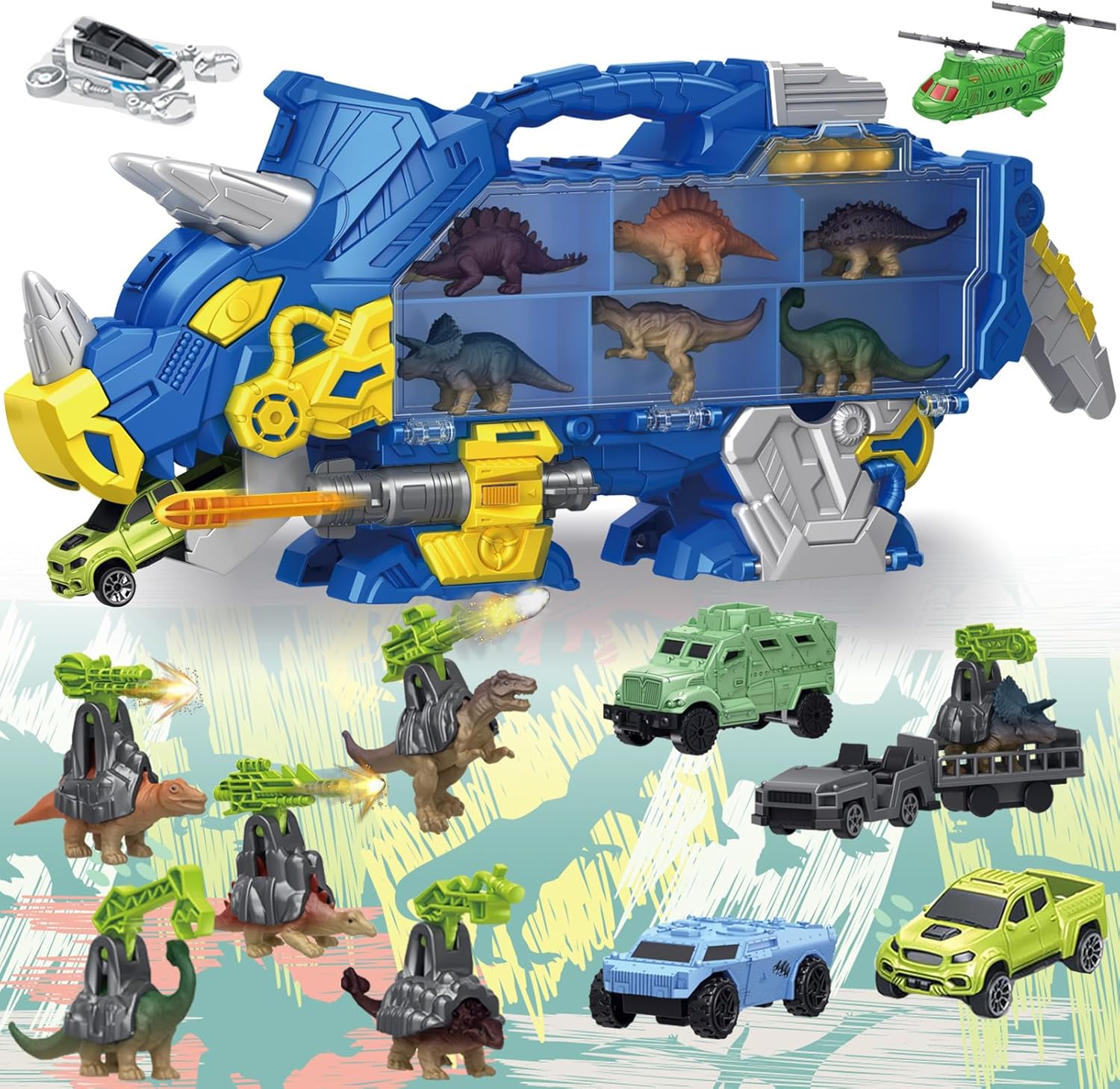 Dinosaur Truck Toy for Kids 3-5, Triceratops Carrier with 6 Dino Figures, 5 Cars & Helicopter, Storage Dinosaur Transport Truck, Toys for Boys Age 3 4 5, Gift for Toddlers