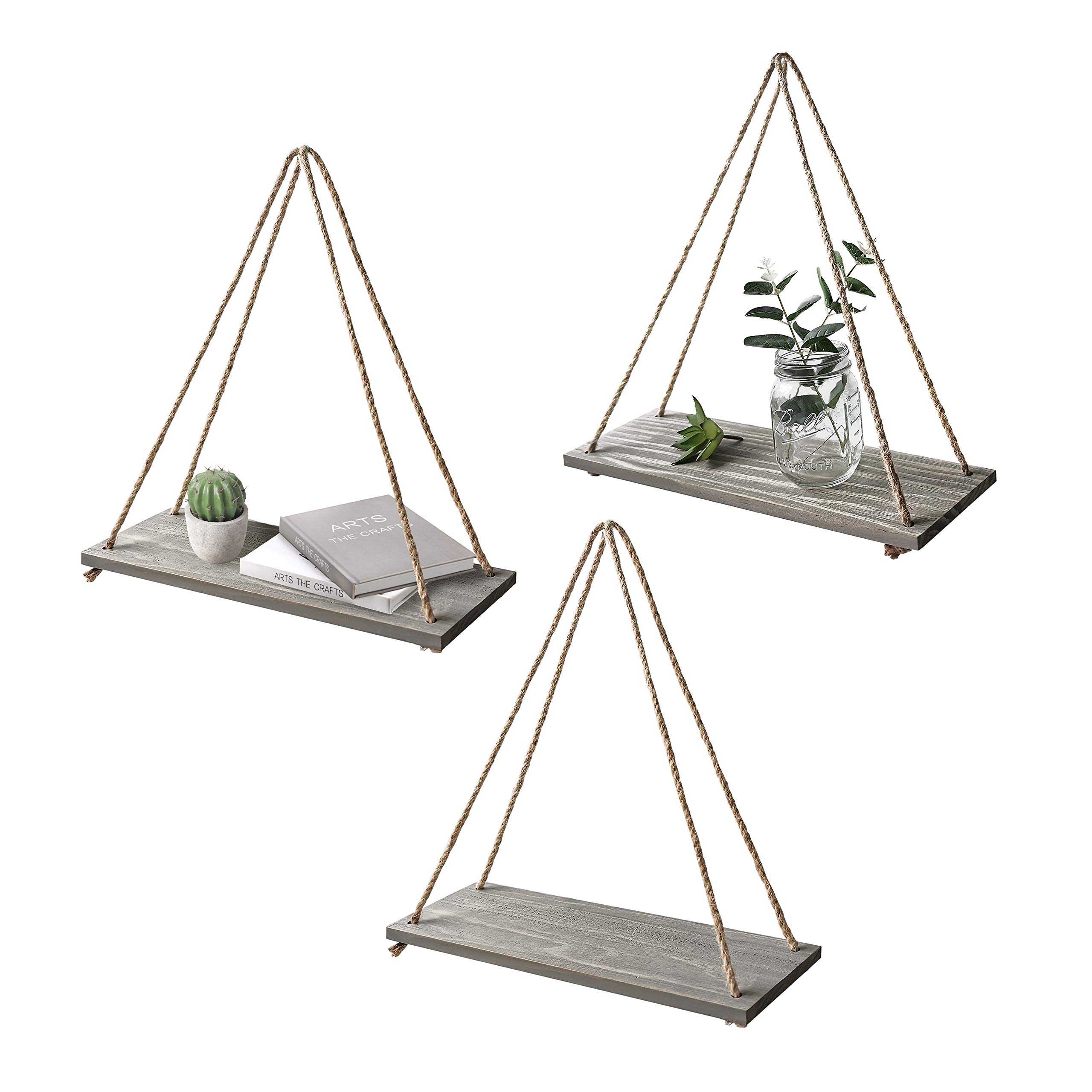 EMAISON 17 x 5 inch Wall Hanging Floating Shelves, Distressed Wood Farmhouse Organizer, Rustic Home Décor for Living Room Bathroom Bedroom Kitchen Apartment, Set of 3, Grey