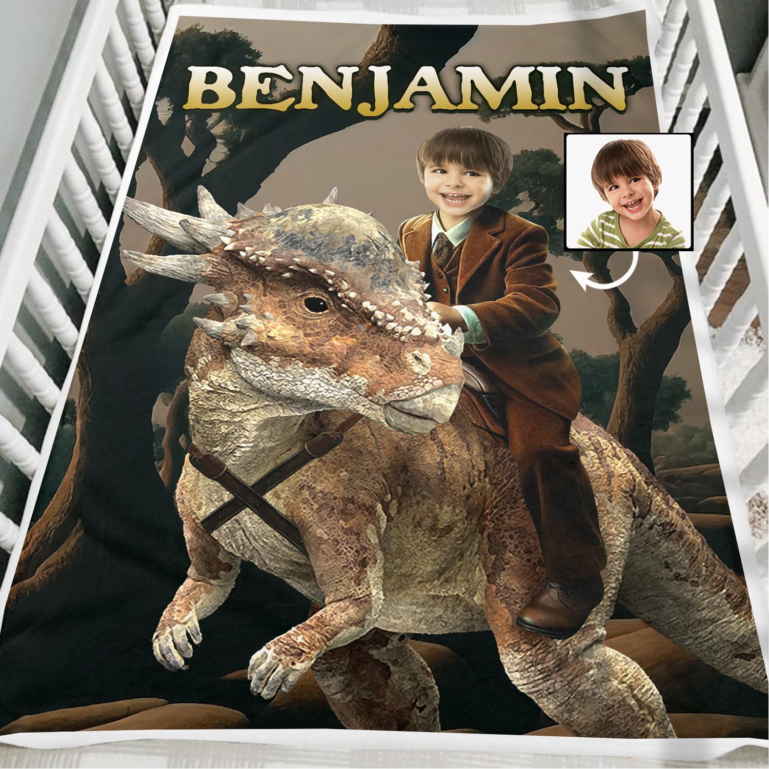 Zocoshi Personalized Boy Riding Dinosaur Baby Blanket, Custom Portrait from Photo, Dinosaur Birthday, Party Gift for Kids