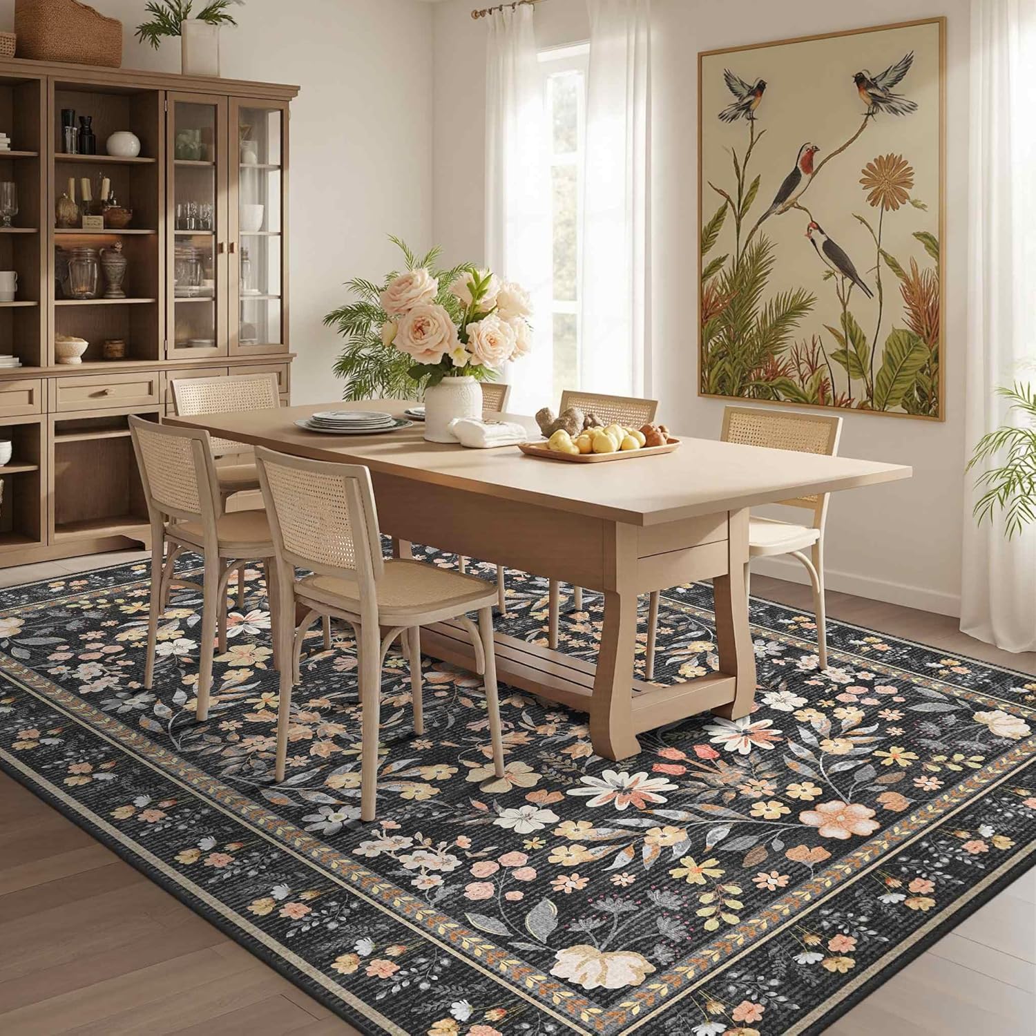 Floral Rug for Living Room Bedroom, 5x7 Washable Rug, Black Vintage Boho Area Rug, Large Non Slip Low Pile Wool Carpet for Indoor Dining Room,Girls Room,Nursery Room and Kids Room(Black 5x7ft)