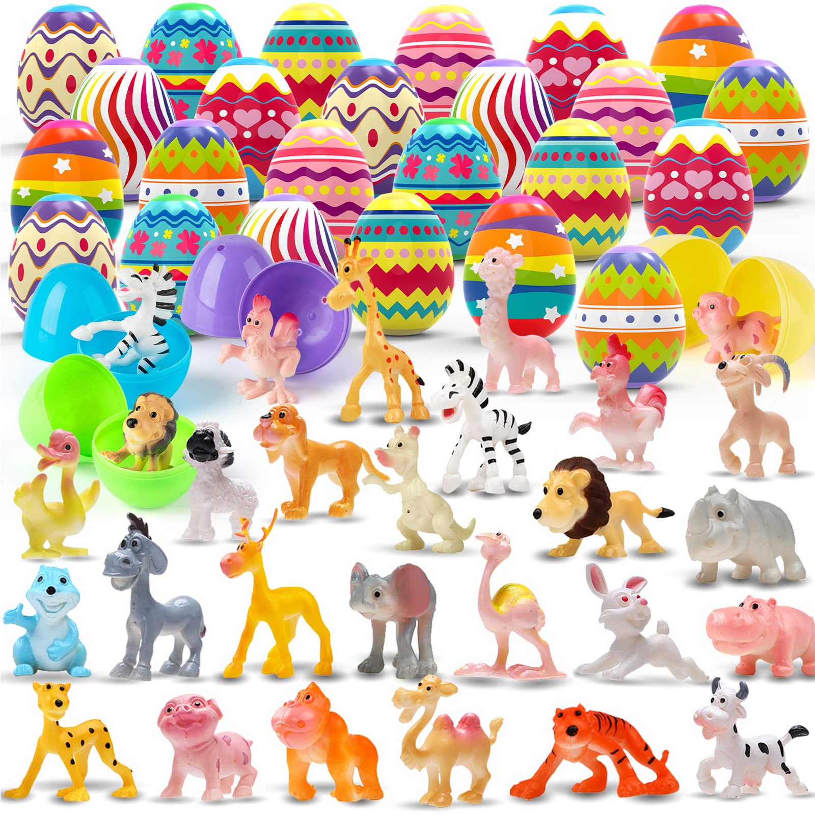 MAPIXO 24pcs Prefilled Easter Egg with Mini Animal Toy Inside, For Egg Hunt, Easter Basket Filler, Filled Easter Egg Bulk, Goody Bag Stuffers Filling Treats Easter Party Favor Supplies for Kid