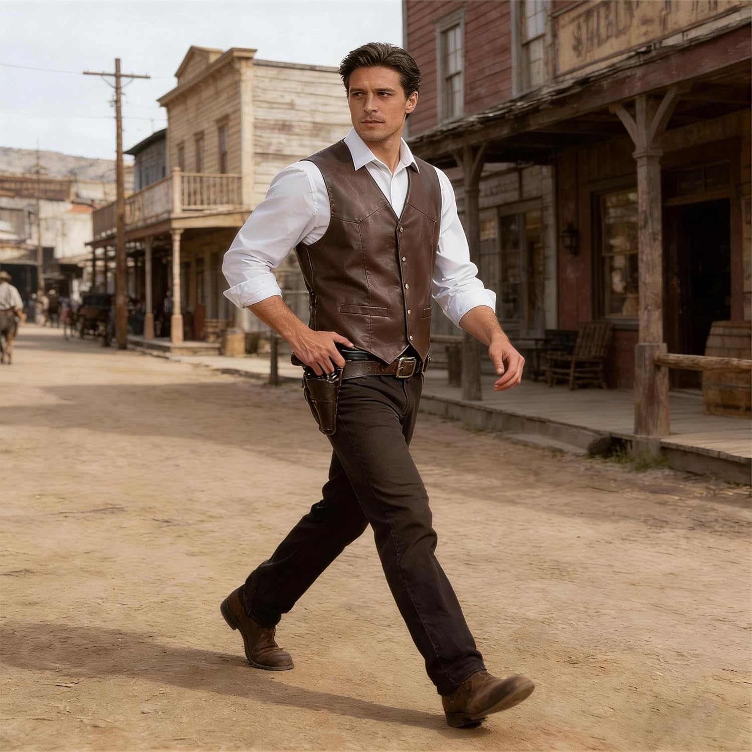 Men Western Cowboy Vest,Vintage Cowboy Suit Vest with Bolo Tie,Slim Wedding Vests,Faux Leather Casual Vest - Image 6