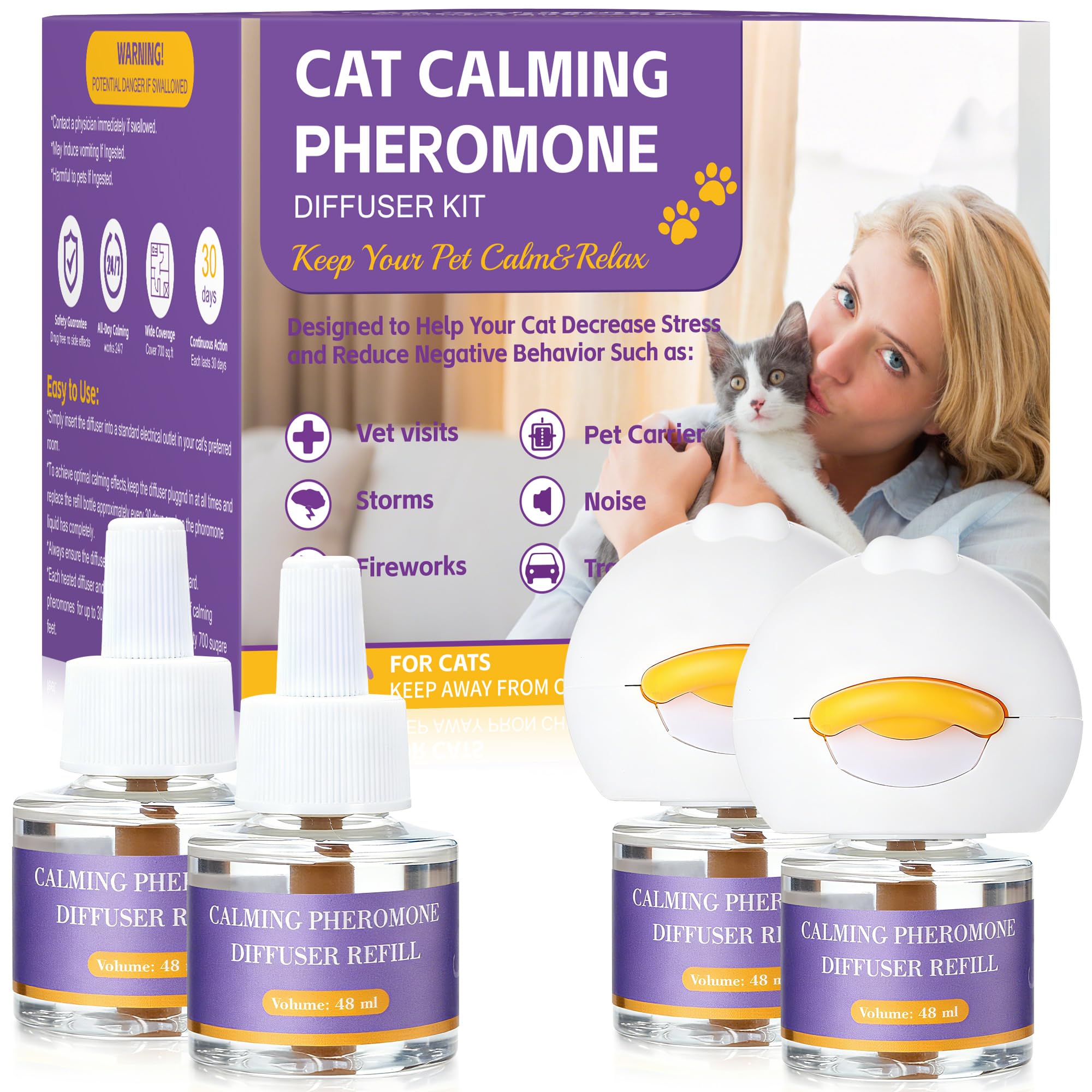 6 In 1 Katze Pheromon Beruhigende Diffusor, Pheromon Diffusor für Katzen, Angst lindern, Helfen, Kämpfe zu reduzieren, Sprühen & Kratzern, Drogenfrei & Geruchlos Sicher (2 Stecker + 4 Refills) 120 Tag