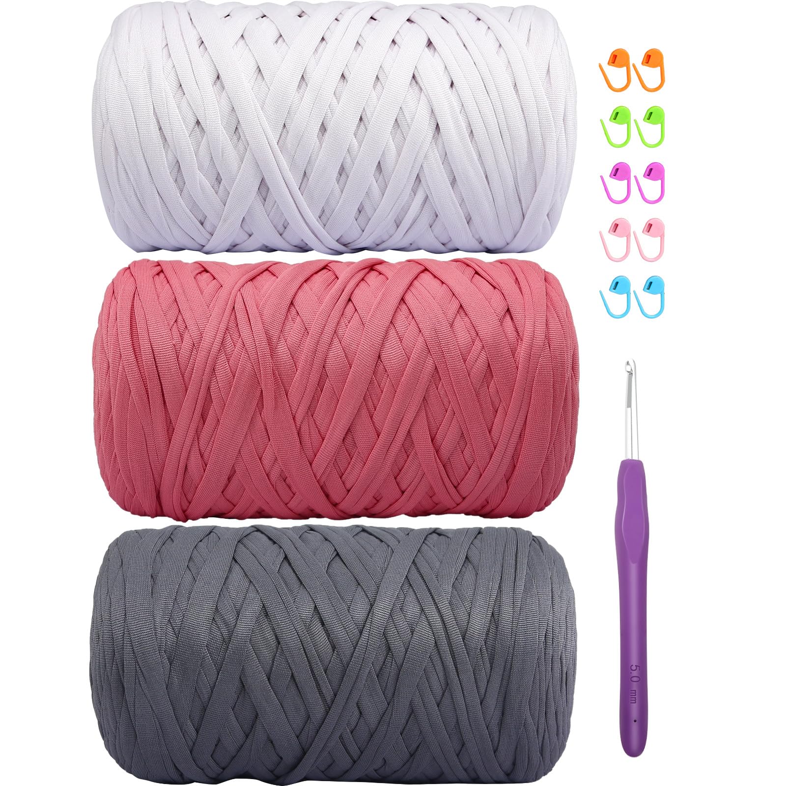 400g T-Shirt Elastic Fabric Crochet Yarn for DIY Knitting, Spaghetti Thick Crocheting Tshirt Yarn for Hand DIY Bag Basket Cushion Crocheting Projects, Home Decor(White+Rose Pink+Dark Grey)