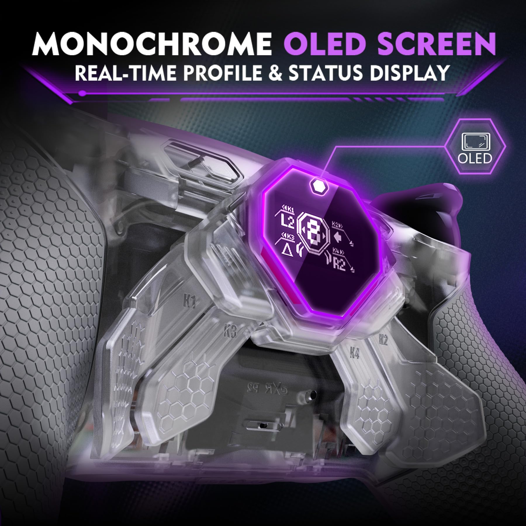 eXtremeRate Spark Remap Kit per ps5 Controller BDM-030 040 050 060, Display OLED +Clicky Trigger Stop +Grip Ergonomici, 4 Tasti Posteriori Rimappabili Accessori per ps5 Joystick, Trasparente&Grigio