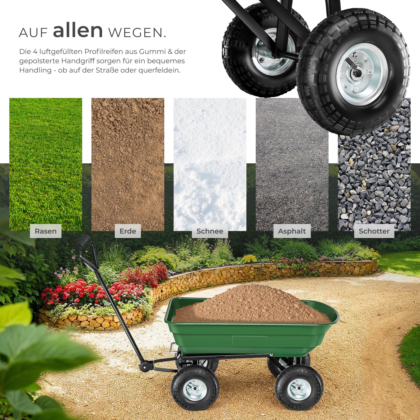 tectake® Bollerwagen, Handwagen, Transporter mit Kippfunktion, Rollwagen mit Lenkachse, Trolley, als Einkaufswagen, Bastelwagen, Transportkarre, Gartenwagen, Einkaufstrolley - Belastbarkeit 300kg