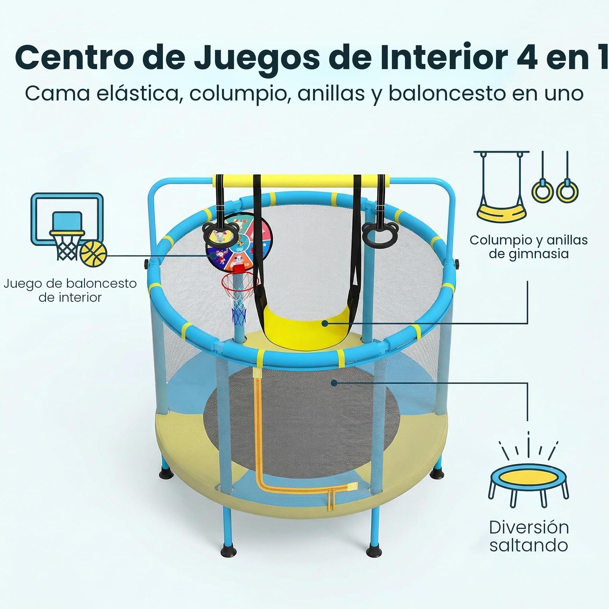 PILIN TrampolíN para NiñOs, φ140 CM Multifuncional 4 en 1, con Columpios, Barras, Aros, Canastas de Baloncesto/Dianas, Capacidad de 50 Kg, Uso Interior Y Exterior del TrampolíN de JardíN.